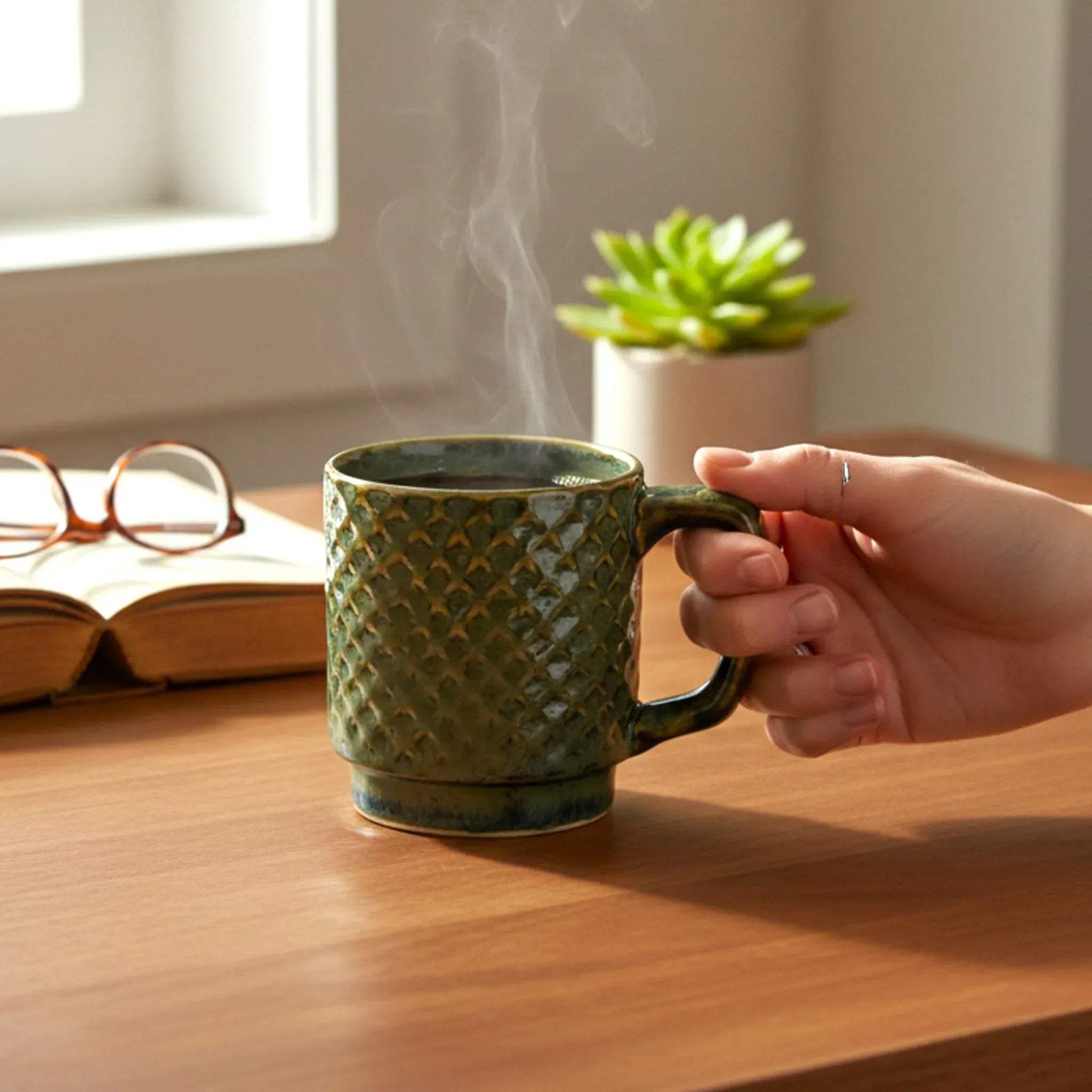 Hand holding a textured green ceramic mug with hot coffee, book, and plant in the background for cozy vibes.