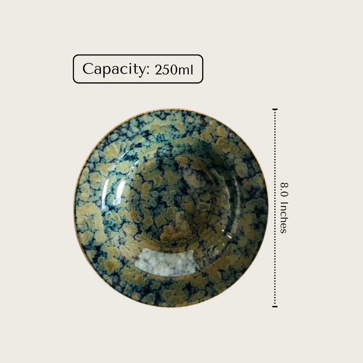 Rustic Stone artisanal ceramic bowl, blue and tan glaze, 8 inches wide, 250ml capacity.