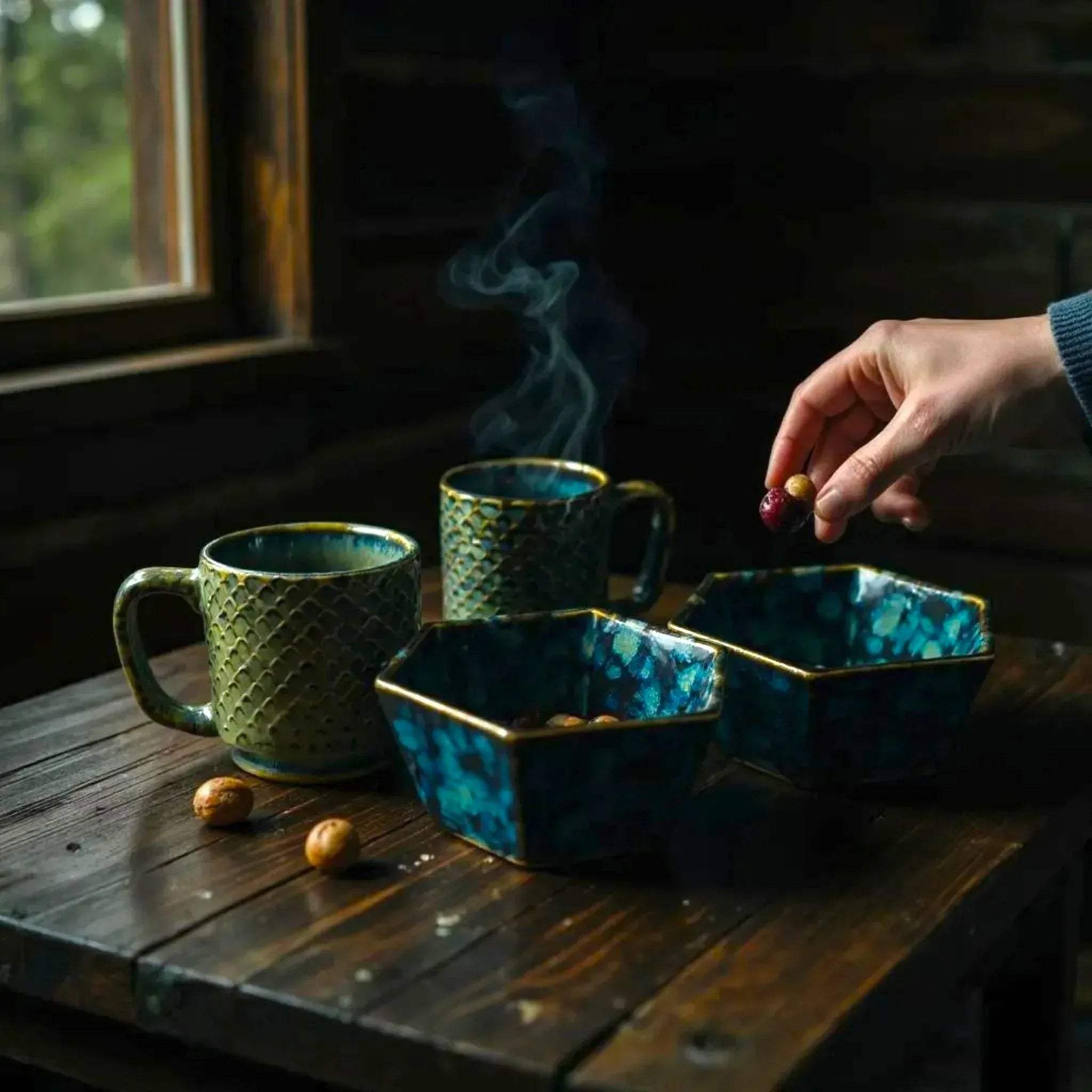 Two Azure Wave Snack sets featured at a cozy evening with nuts and dried fruits.