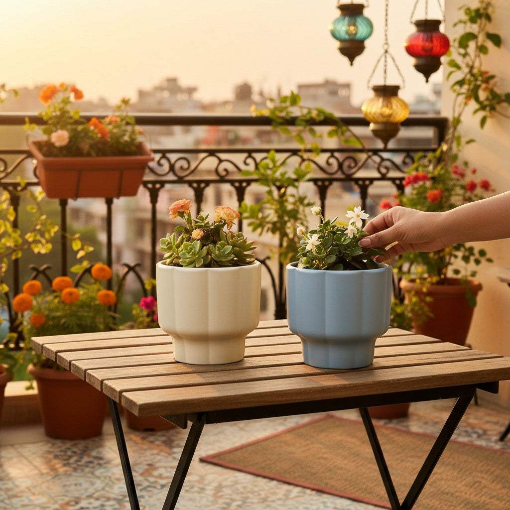Aesthetic balcony duo; grey and yellow pedestal planters holding small succulents during sunset on a table.