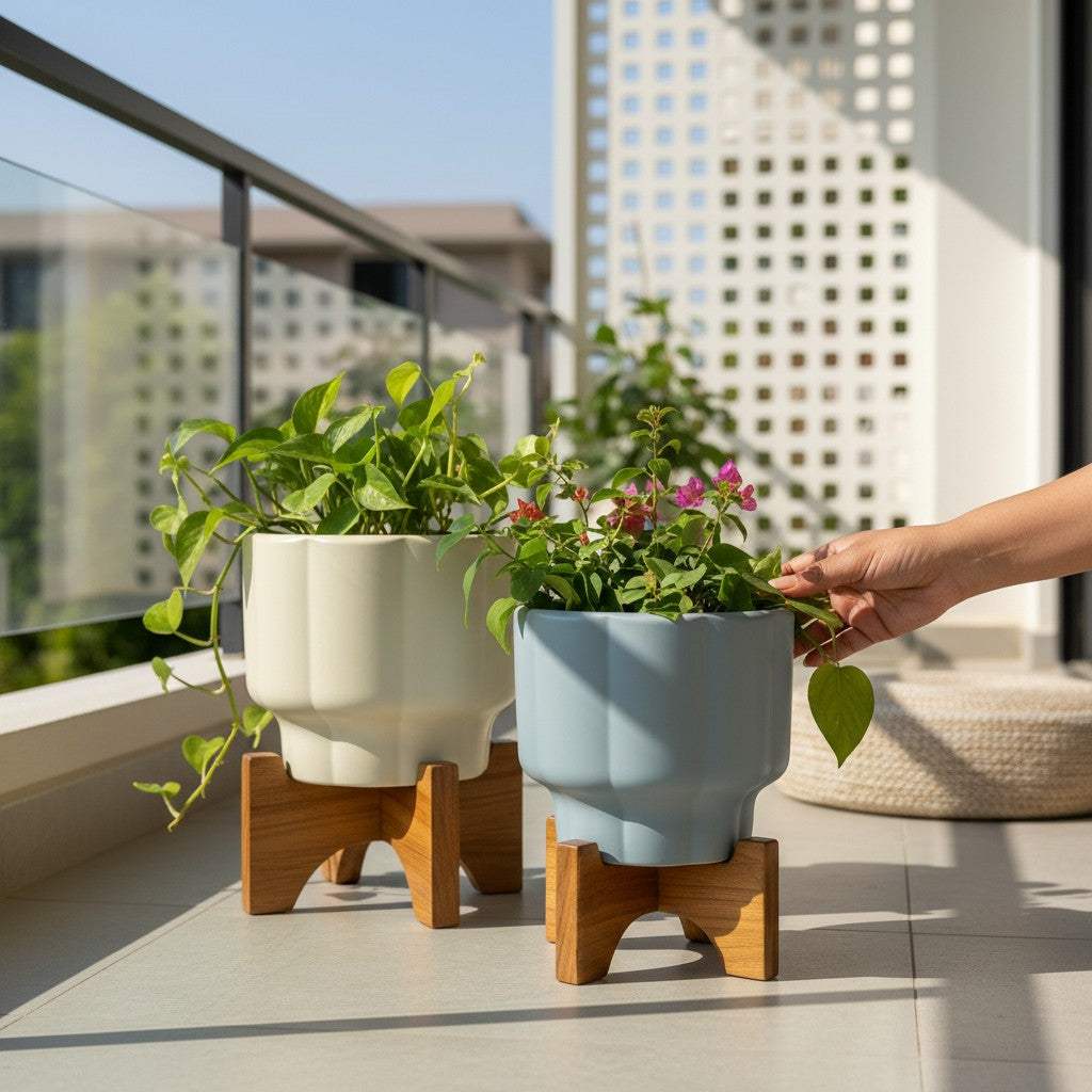 Soft girl aesthetics; ceramic pastel planters kept on a sunlit balcony.