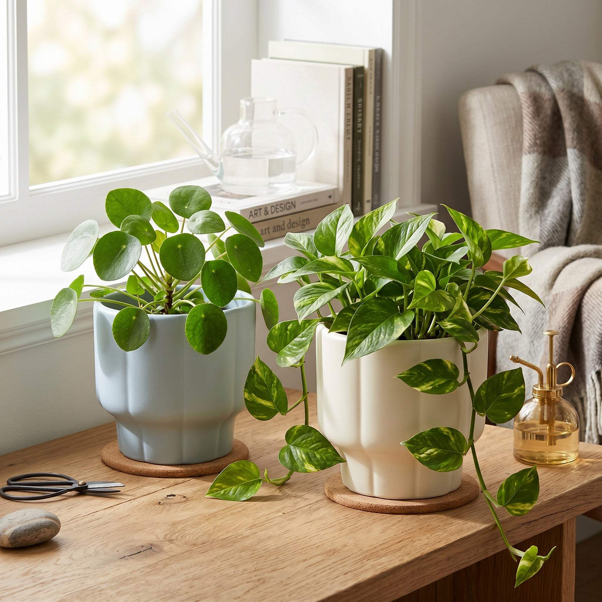 Pastel grey and butter yellow ceramic planters placed on a minimalist sun drenched side table.