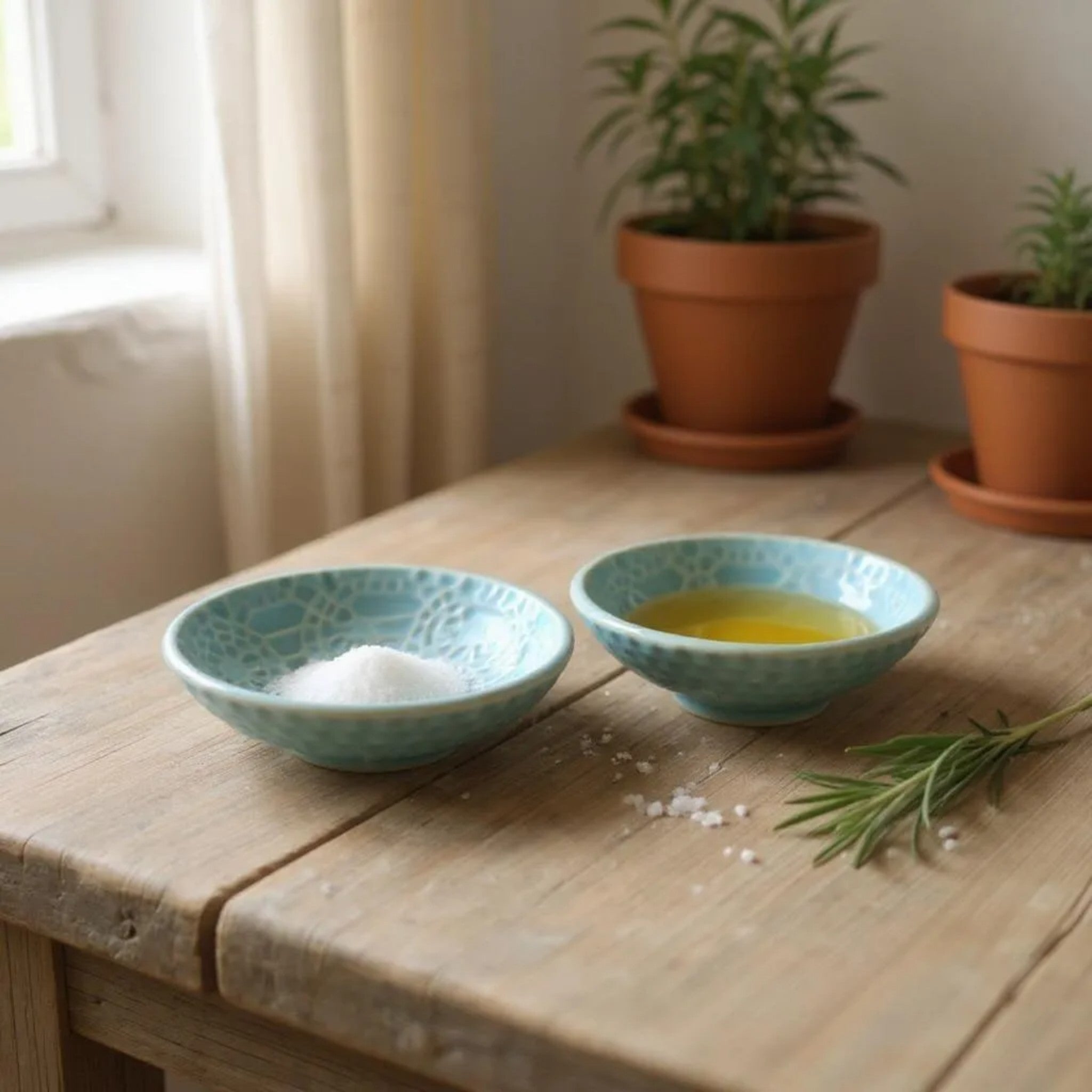 Two turquoise bowls on a wooden table with salt and oil, surrounded by potted plants.