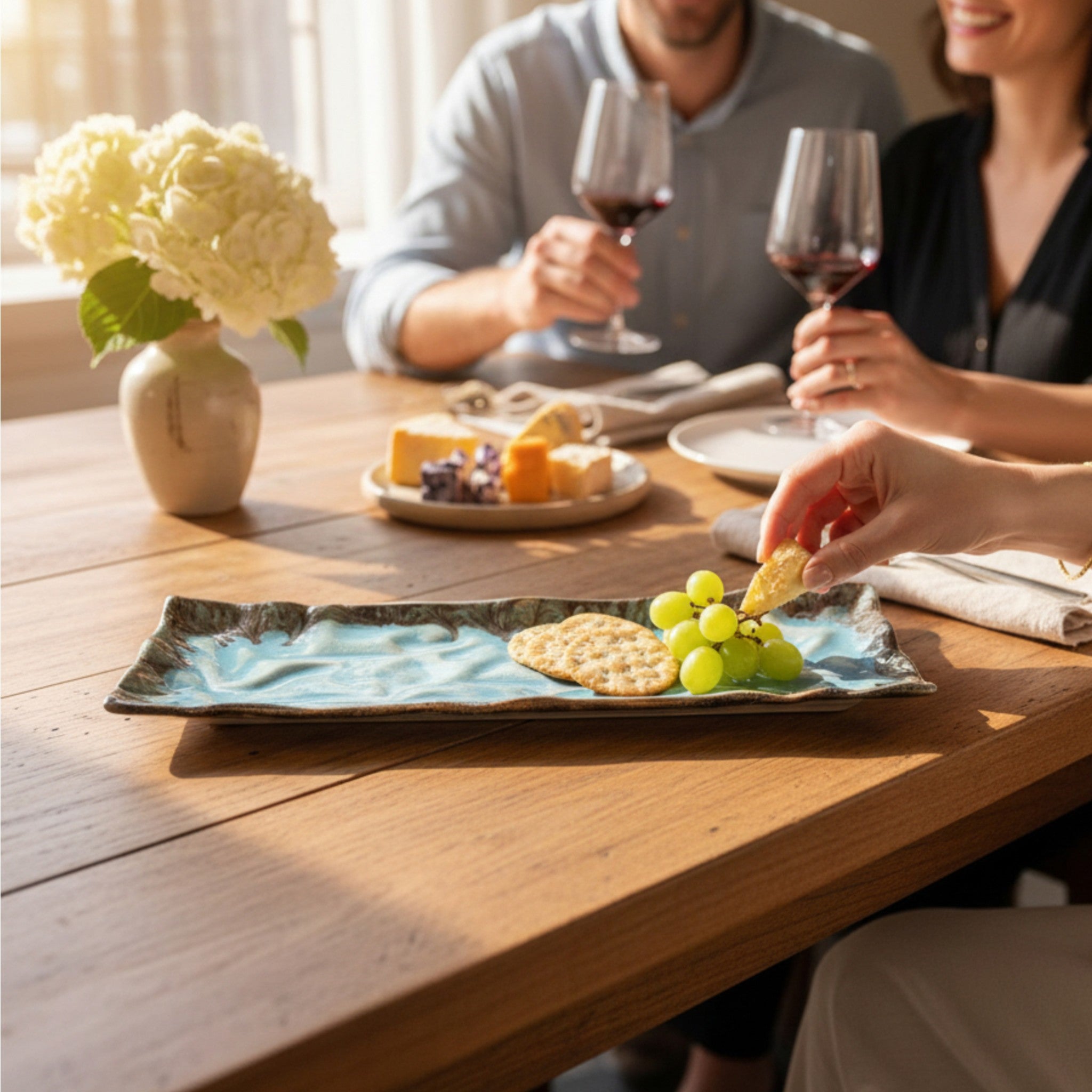 aqua wave ceramic platter used for serving appetizers at a summer gathering.