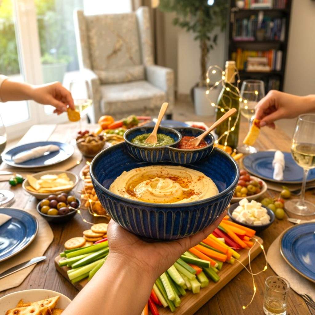 The Navy Ridge deep blue ceramic bowl filled with salad and hummus during an elegant outdoor picnic.