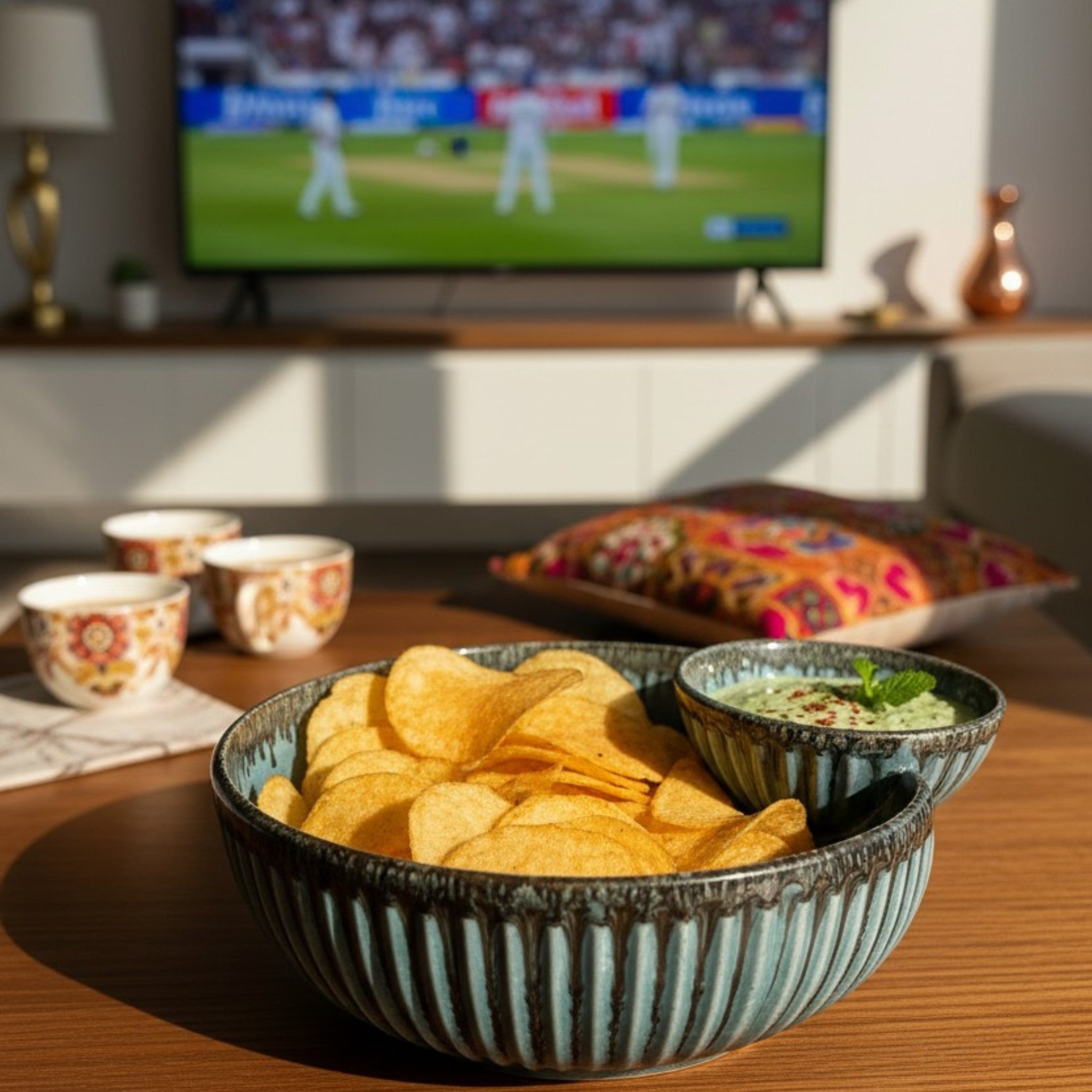 A fluted blue ceramic chip and dip bowl filled with potato chips and mint chutney, sitting on a wooden coffee table in front of a TV showing a cricket match.