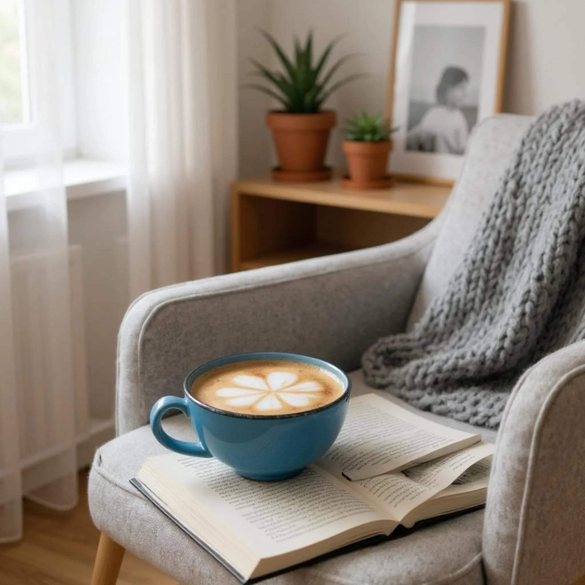 Cozy chair with gray throw, open book, and blue ceramic coffee cup in rustic living room.