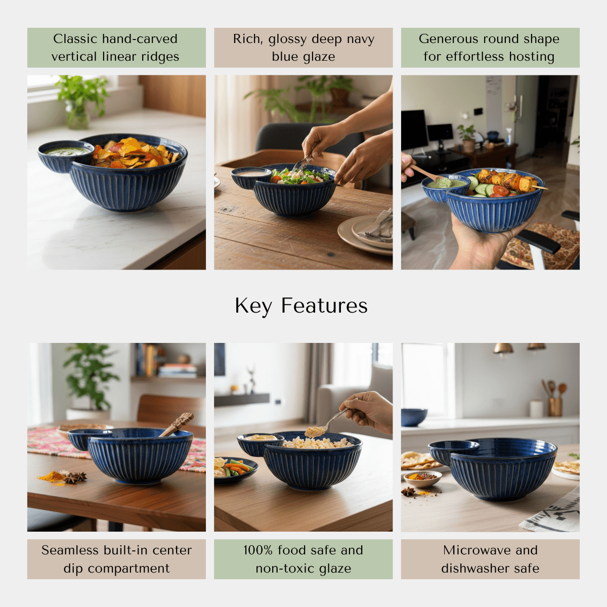 An infographic highlighting the microwave-safe stone build, spill-free integrated center bowl, and food-safe protective glaze.