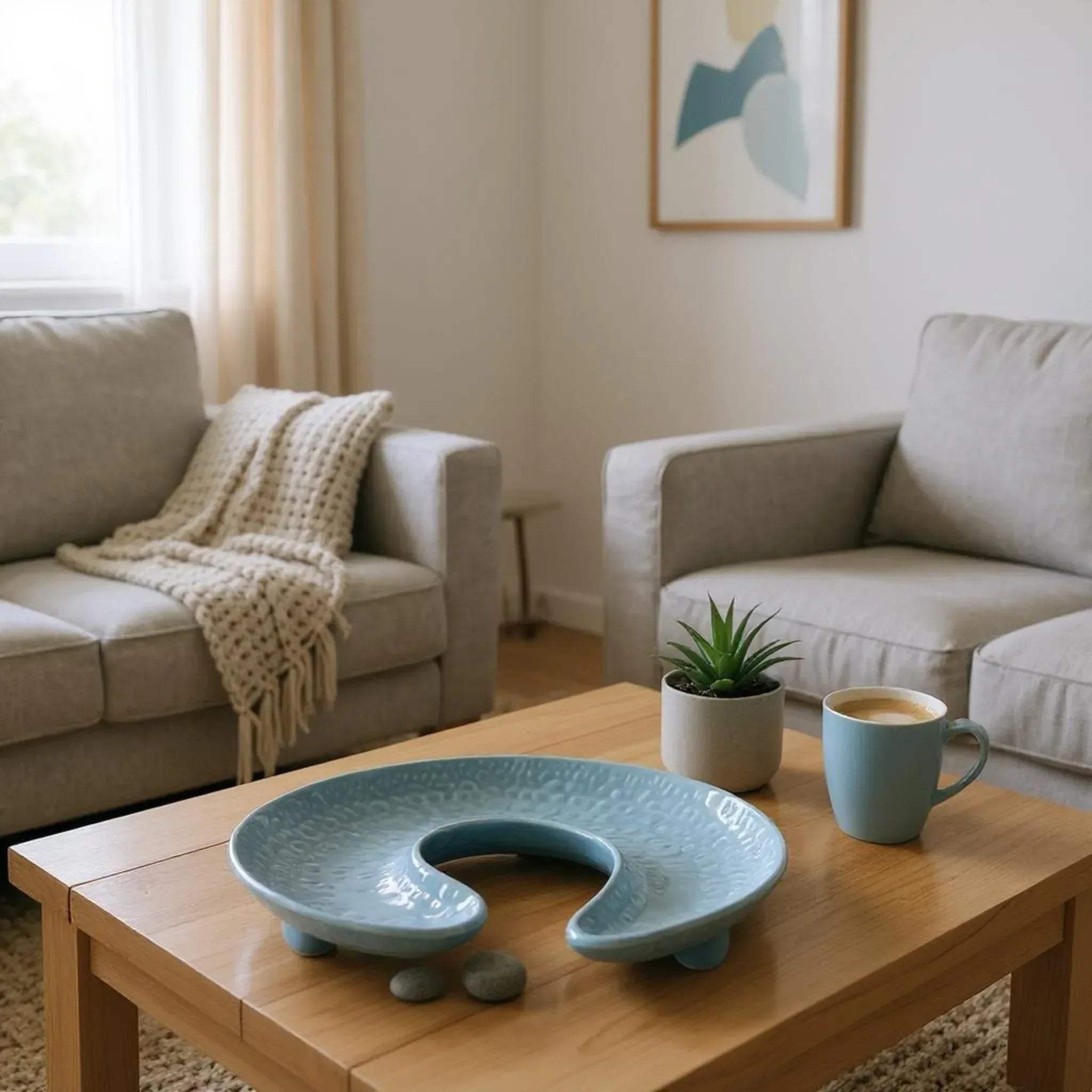 Living room with a wooden coffee table featuring a blue ceramic dish and a cup.