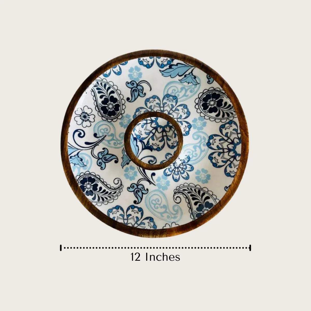 Wooden chip and dip plate with blue floral pattern and wooden rim, labeled '12 Inches'.