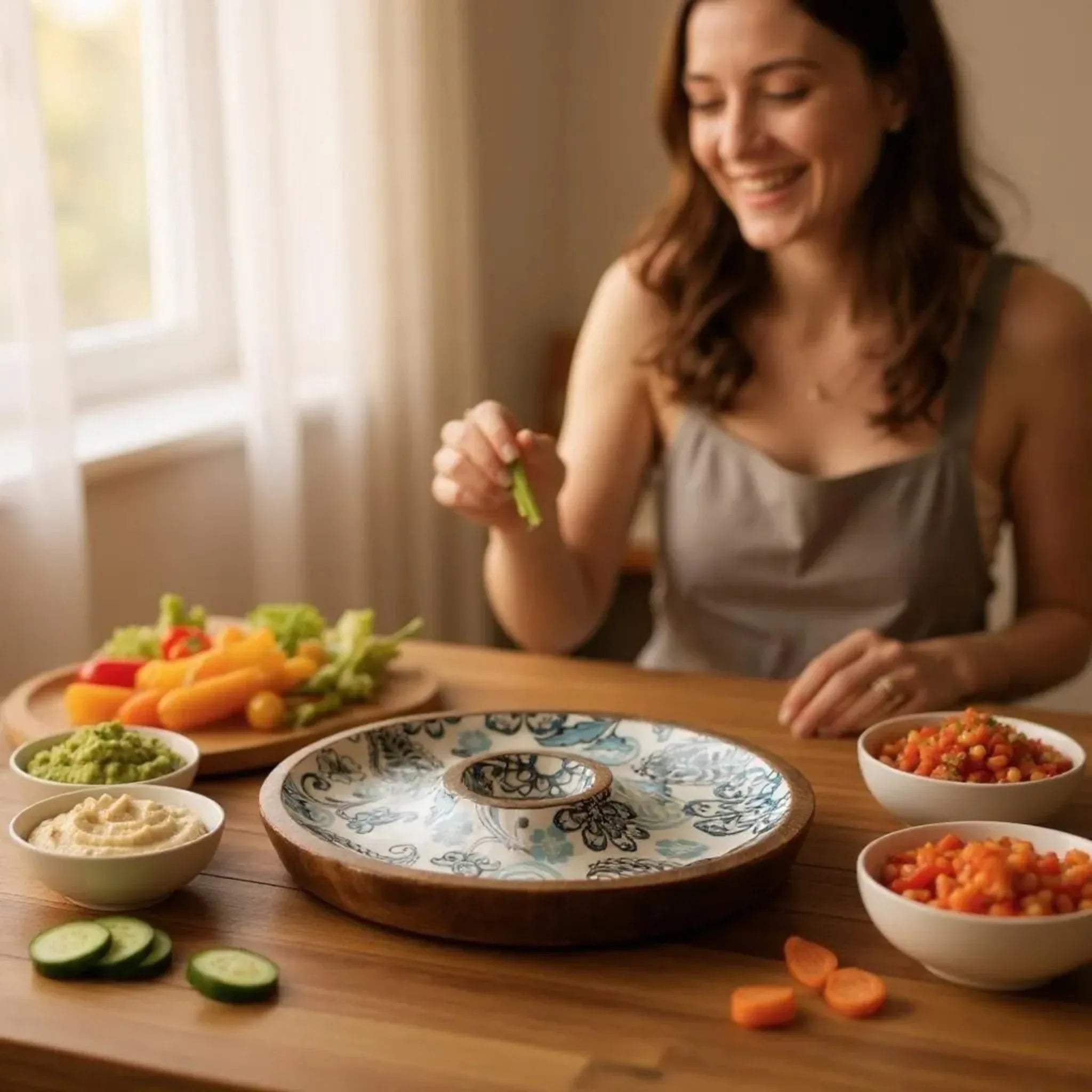 Blue Paisley Platter surrounded with colourful nachos and salsa at a festive  family gathering
