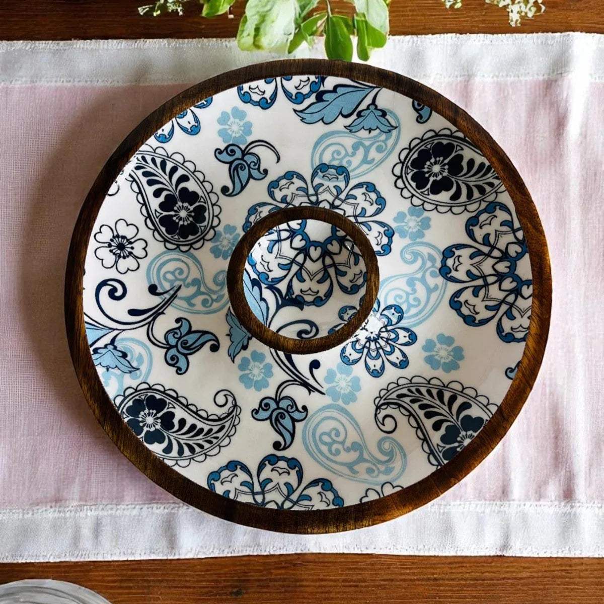 Intricate hand-painted paisley patterns and rich blue floral details on the Rustic Stone mango wood platter.