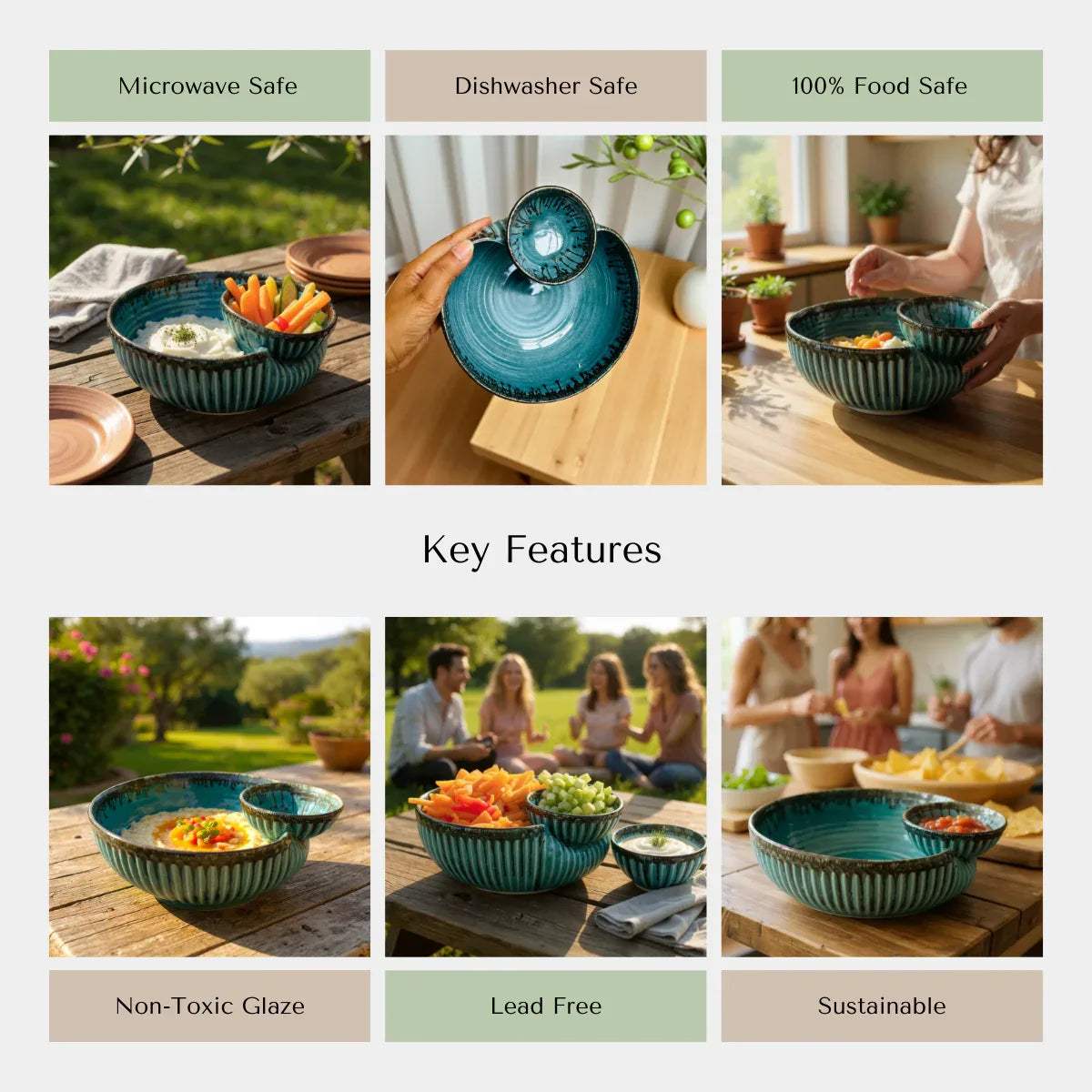 Rustic Stone quality; heat-retaining ceramic, dishwasher safe, and non-toxic glaze for sports watching and casual hosting.