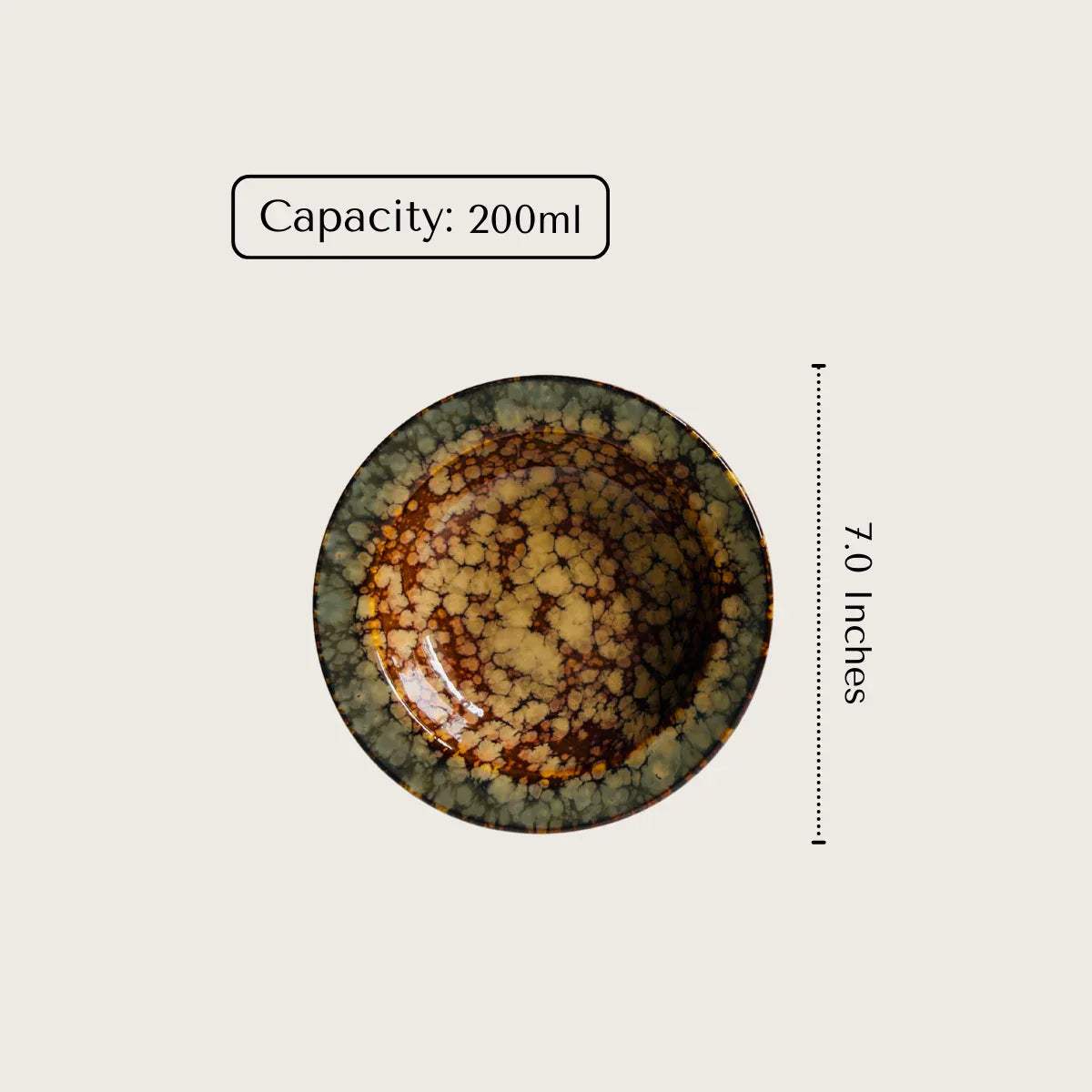 Dimension of the ceramic plate with speckled design, capacity 200ml, and diameter 7.0 inches