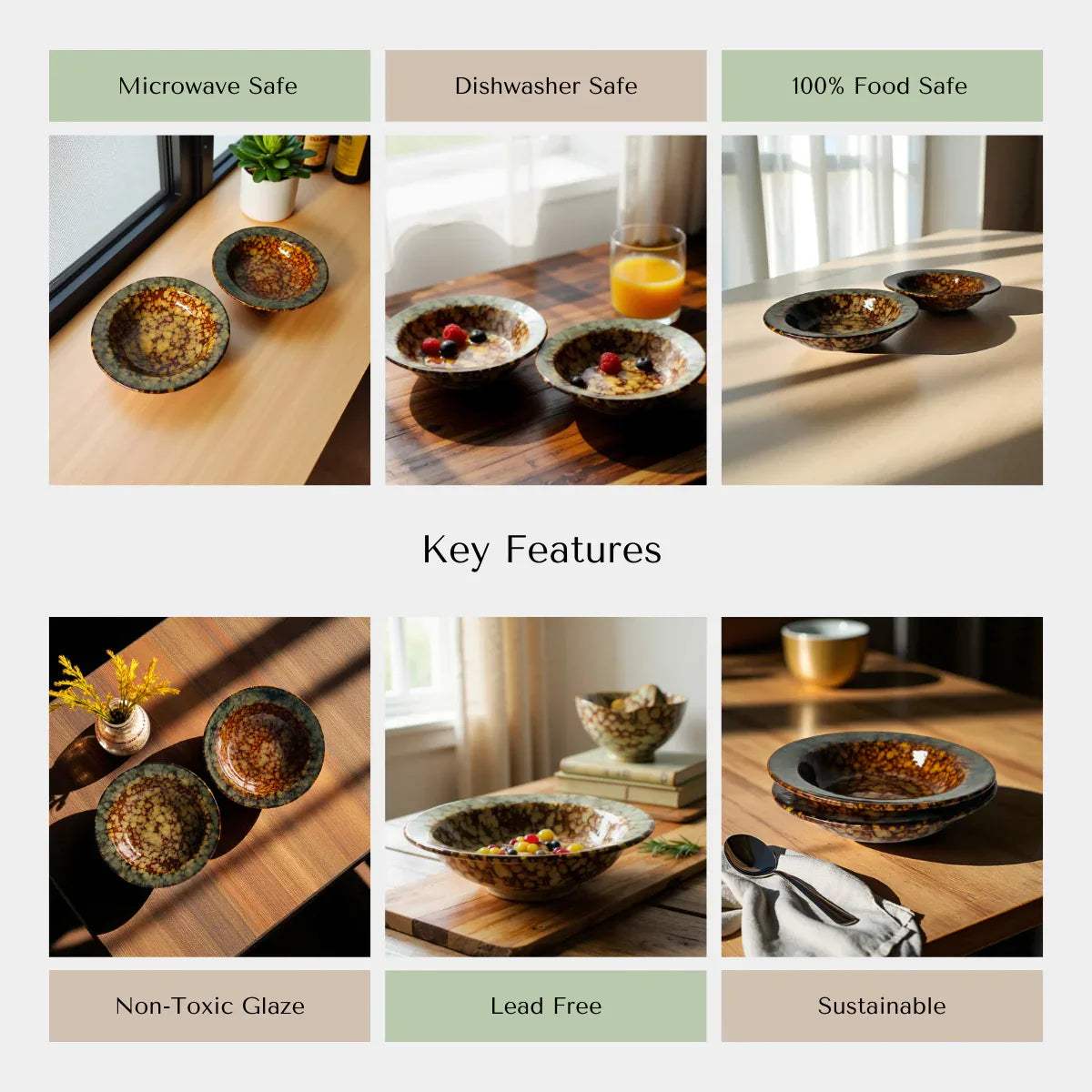 Collage of bowls with key features highlighted like microwave and dishwasher safe, lead free.