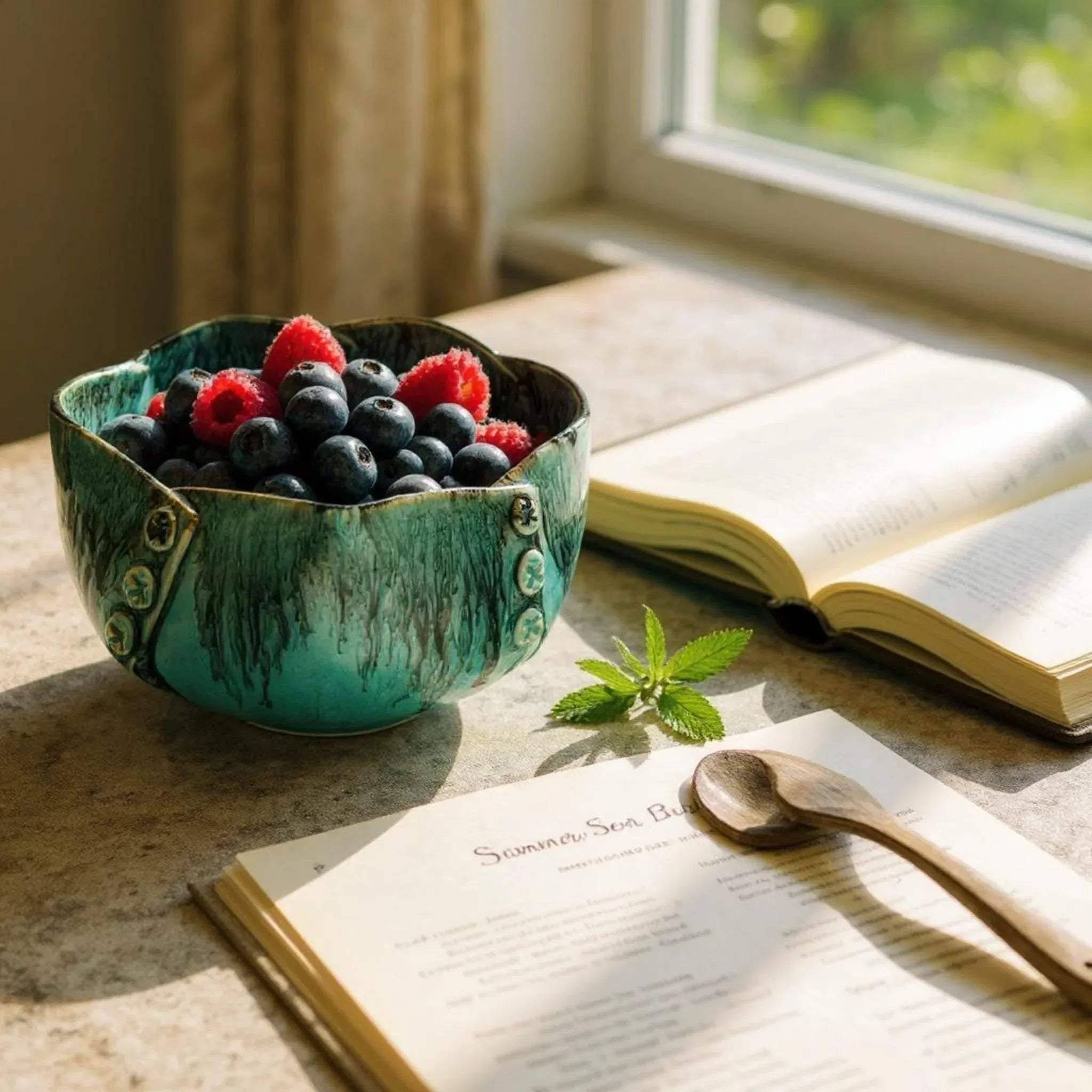 Buttoned Up Blue Bowl with berries; Pinterest-worthy hosting ideas and vibrant tablescape inspiration.