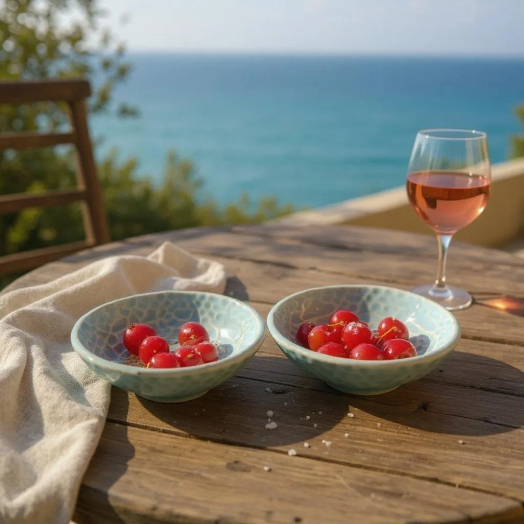 Two blue ceramic bowls of cherries and a glass of wine on a wooden table with a scenic ocean view.