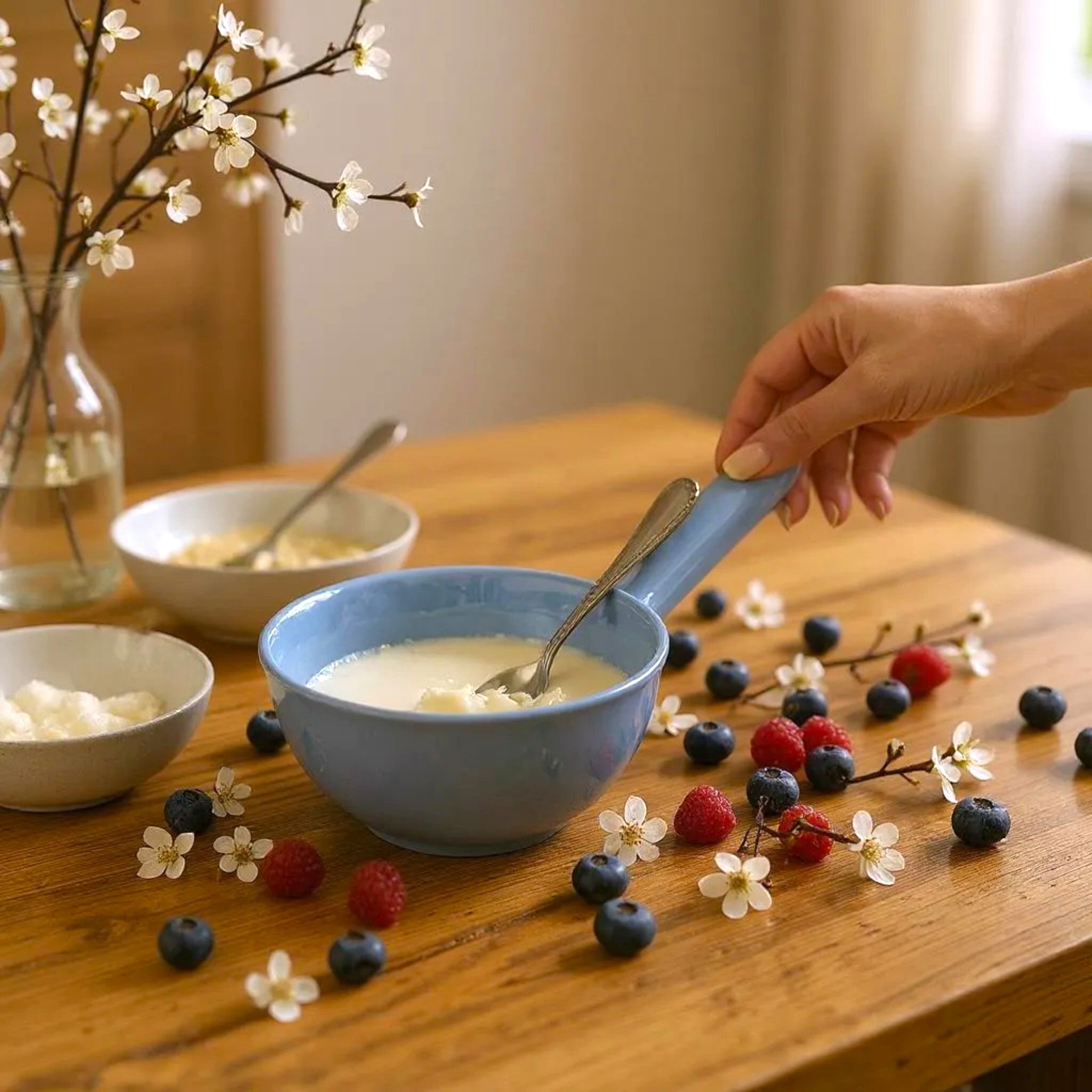 Person eating from a blue bowl of yogurt with fruit on a wooden table.