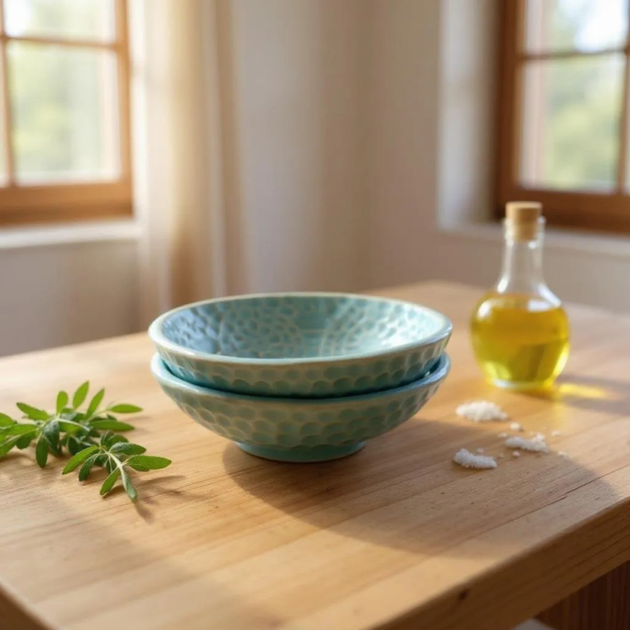 Stack of turquoise ceramic bowls on a wooden table with a bottle of oil and a leafy plant.