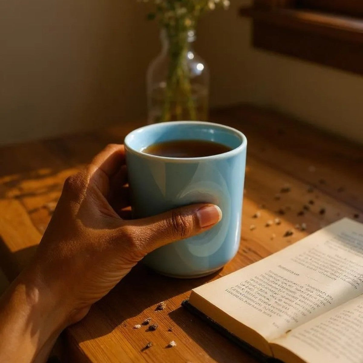 Hand holding a blue mug with a cup of coffee, next to an open book on a wooden surface.