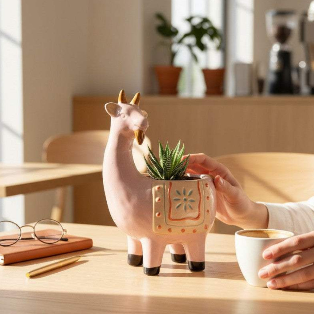 An artisanal blush pink ceramic goat planter styled on a natural wooden console table with low-water indoor greenery.