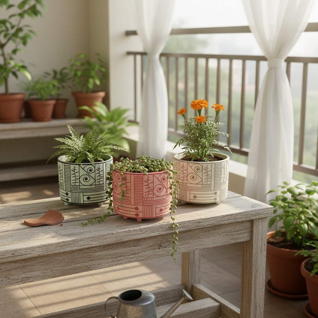 Three earthy-toned ceramic succulent pots with hand-carved linear patterns styled outdoors on a balcony with curtains.