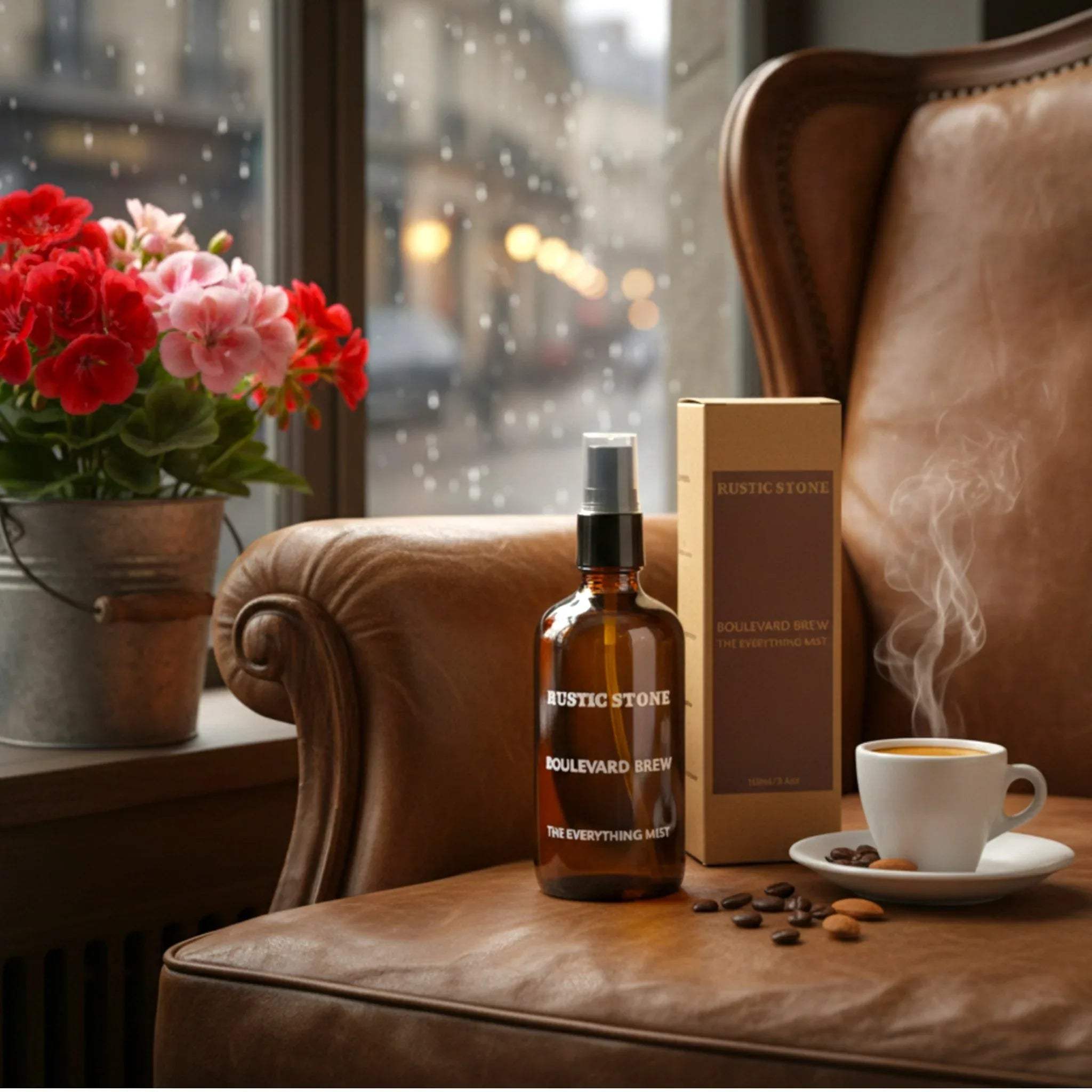 Mist spray bottle in a cozy cafe; unique housewarming gift and luxury aromatherapy for living rooms.