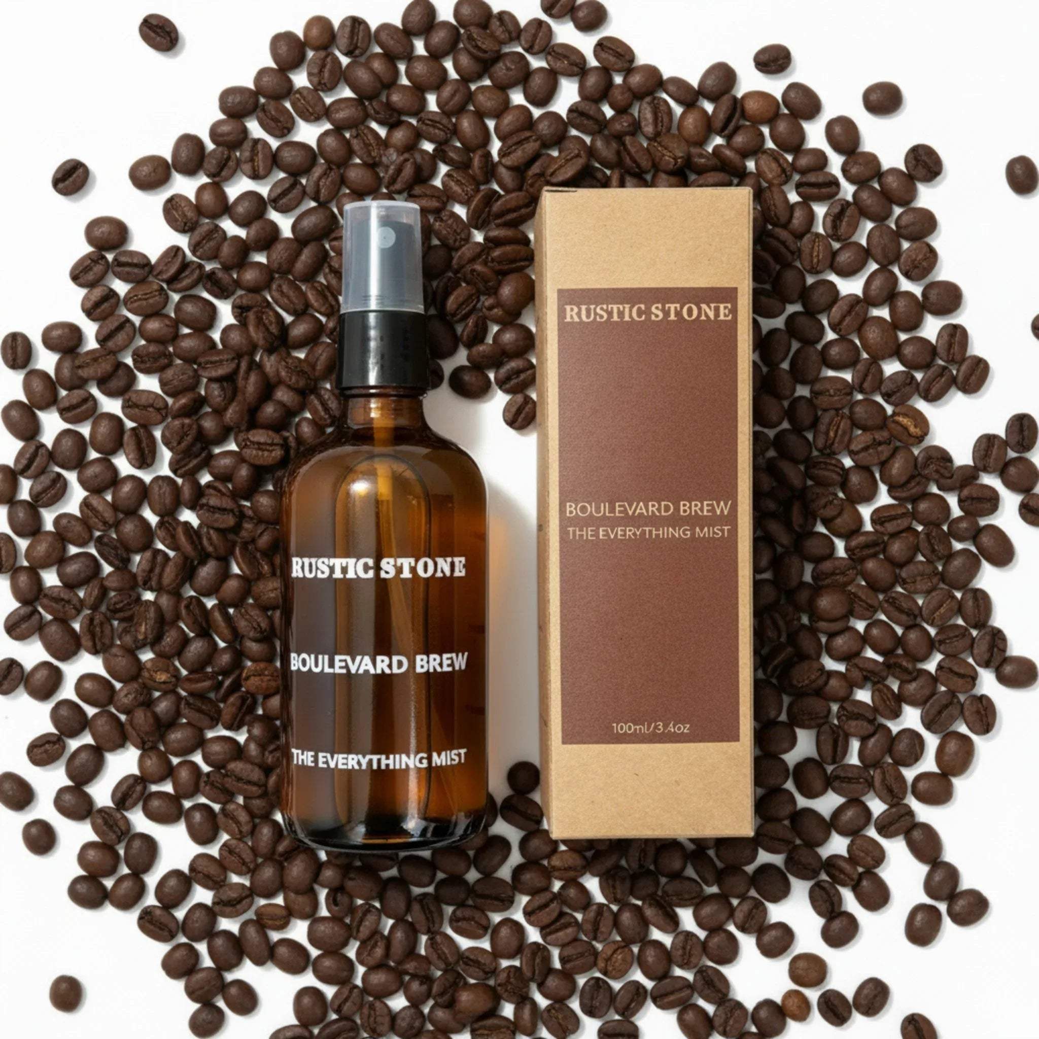 Rustic Stone Boulevard Brew Room Mist; amber glass spray bottle for home fragrance and air freshening.