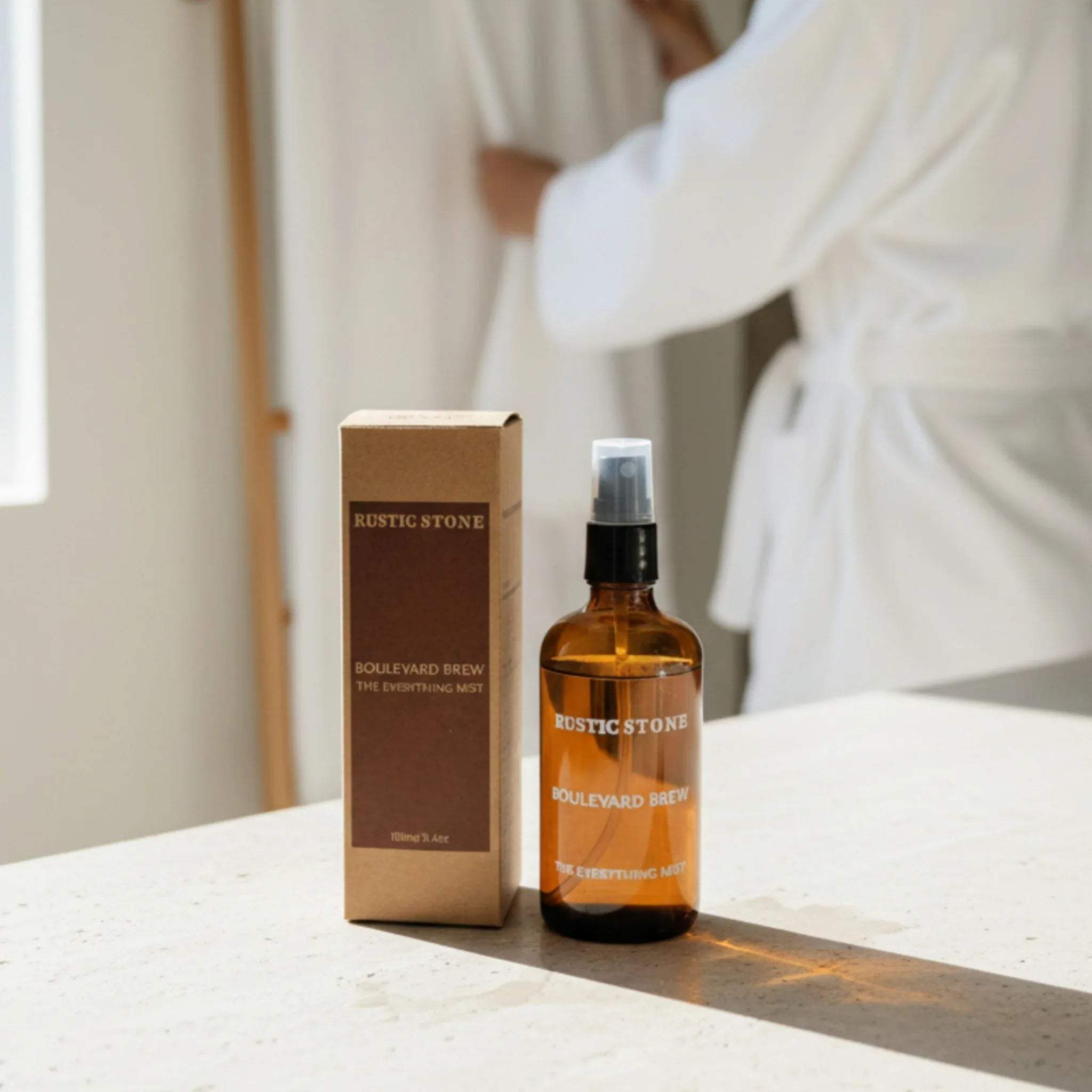 100ml room mist size; compact glass bottle designed for easy storage on vanity trays or bathroom shelves.