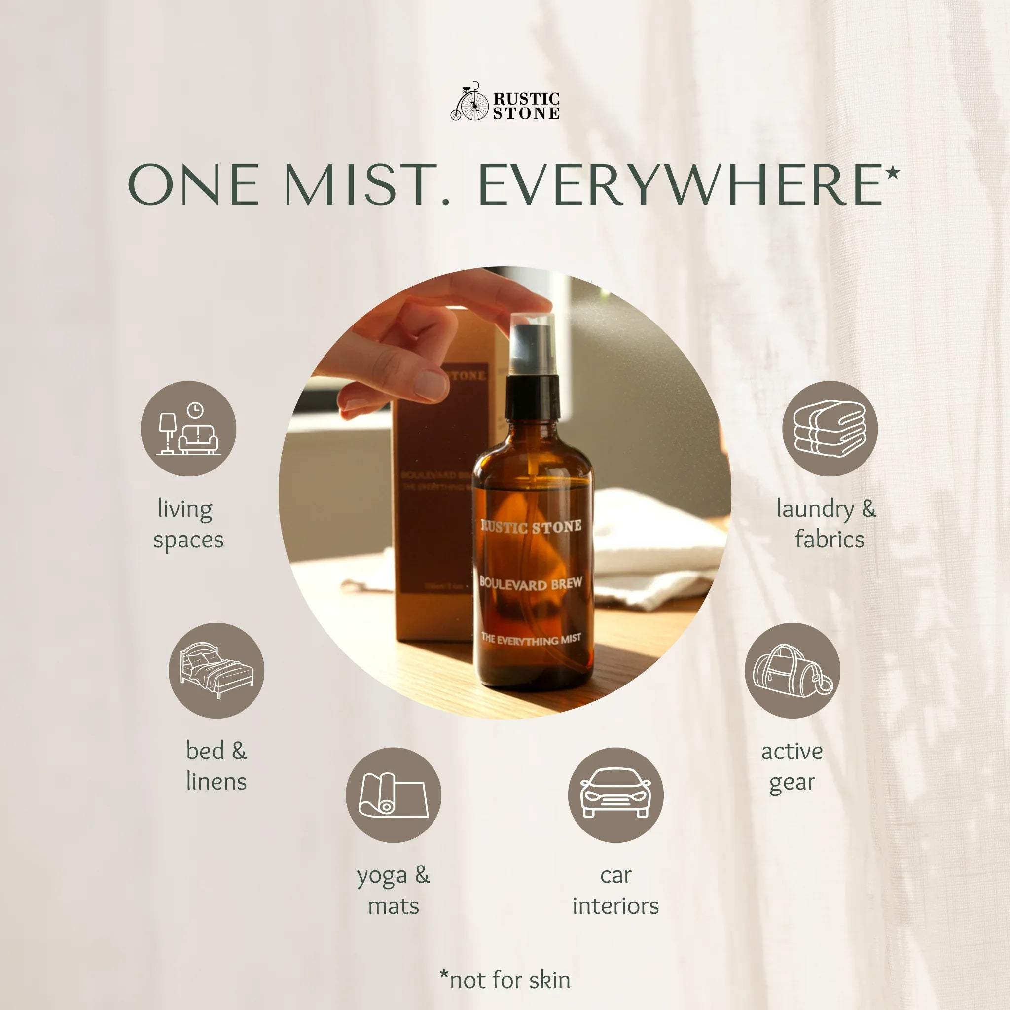 Boulevard Brew multi-use mist; spraying on curtains, linens, and sofa to refresh home fabrics.