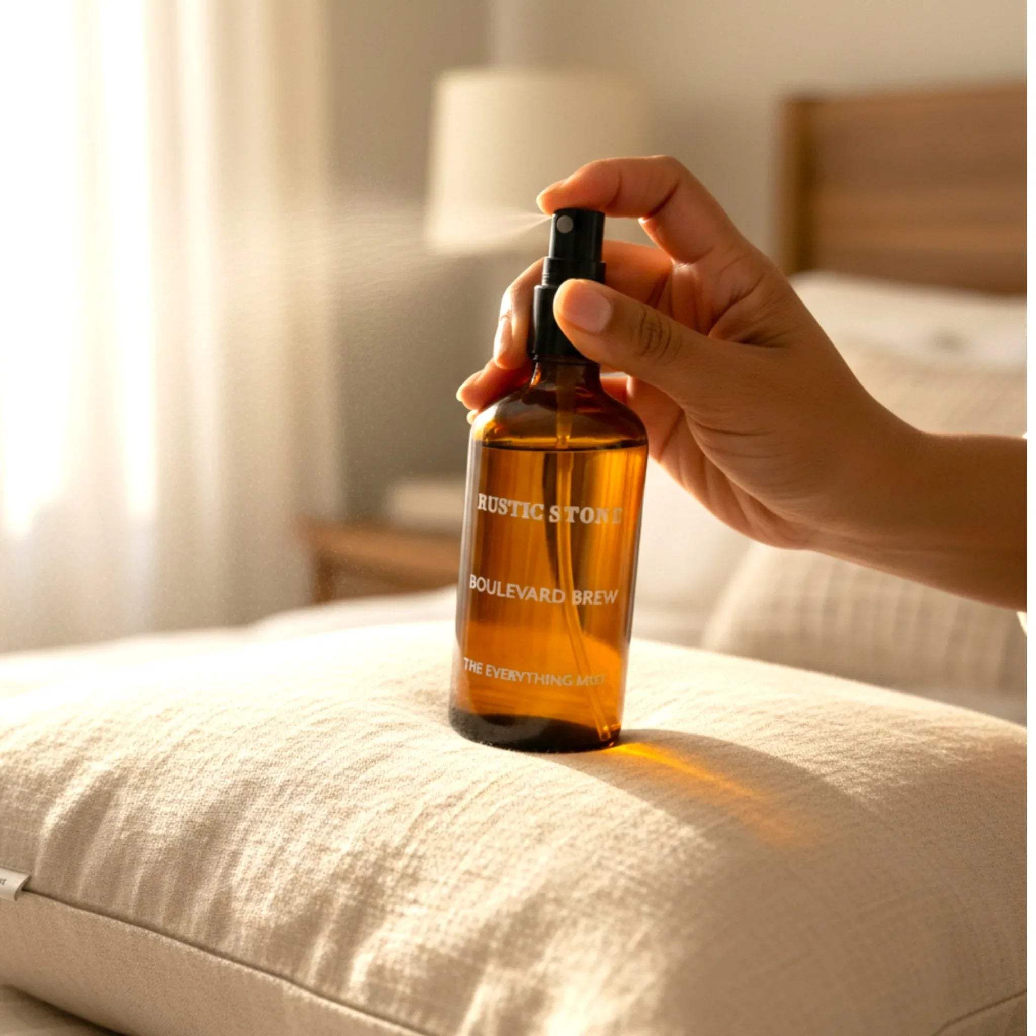 Boulevard Brew spray on a linen-covered bed; Pinterest-worthy bedroom refresh and aesthetic wellness styling.