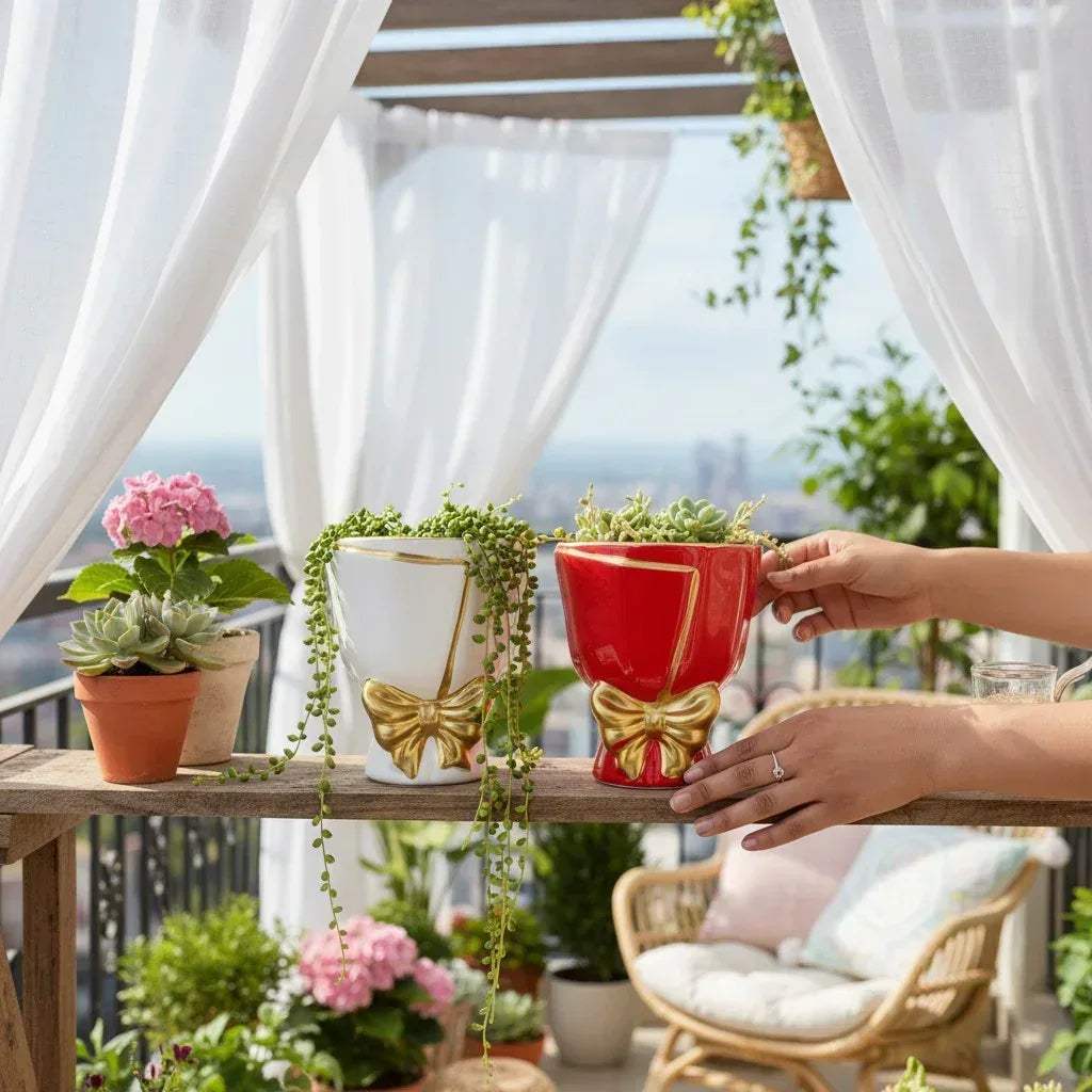 Festive garden decor; ; red and white bouquet planters holding trailing succulents on a wooden railing.