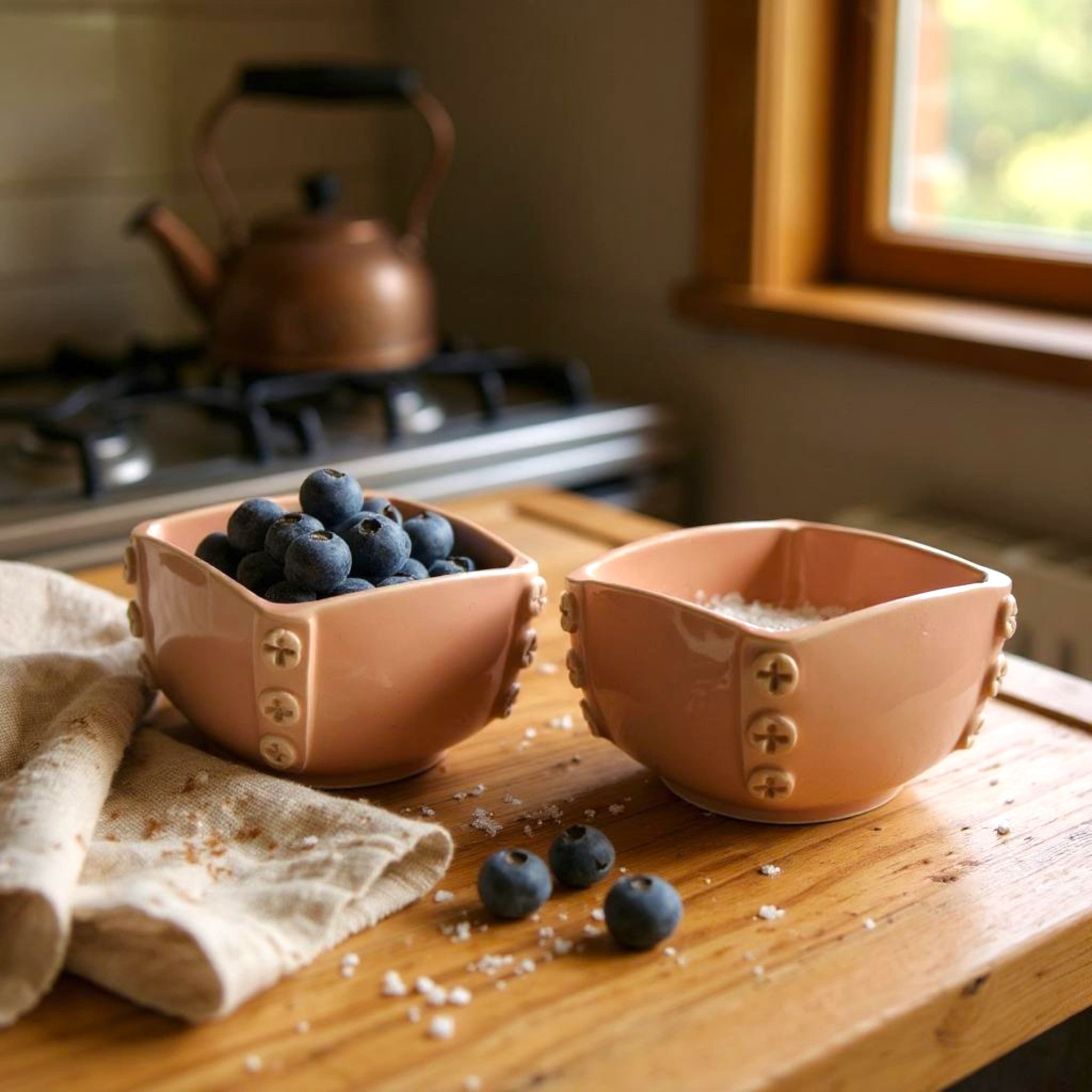 Two pink ceramic bowls on a wooden surface with blueberries and salt, kitchen setting.