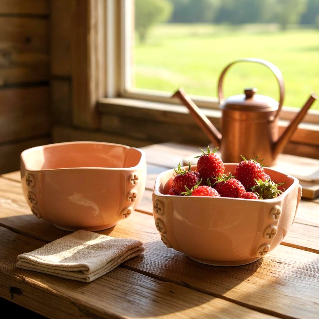 Bowl of strawberries on a wooden table with a pink bowl and teapot in the background.