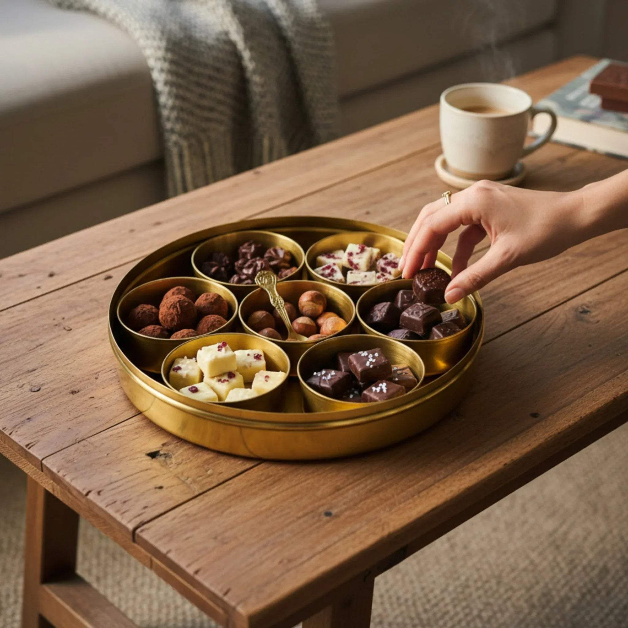 Masala Orb with chocolates; 9-inch diameter orb holding variety of sweets and chocolates for hosting.