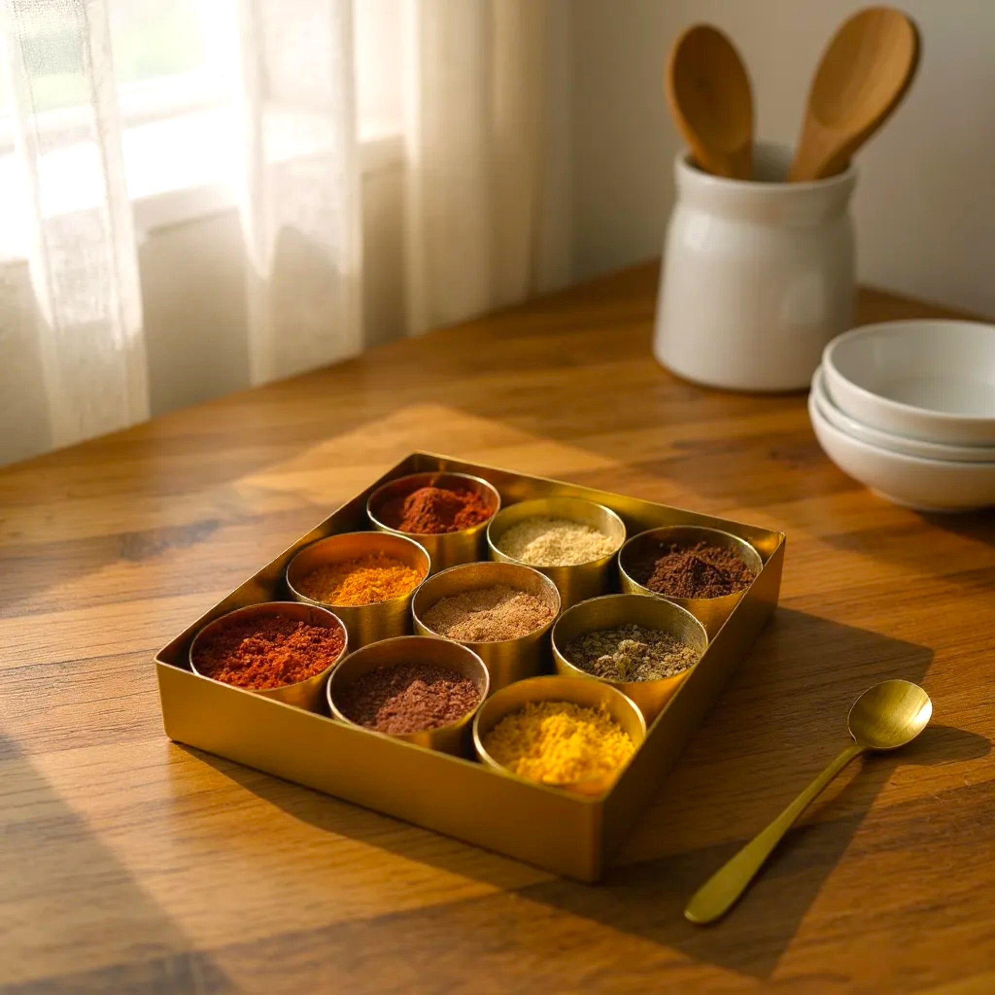 Brass Spice Vault with spices; modern Indian kitchen and spice organization ideas for home chefs.