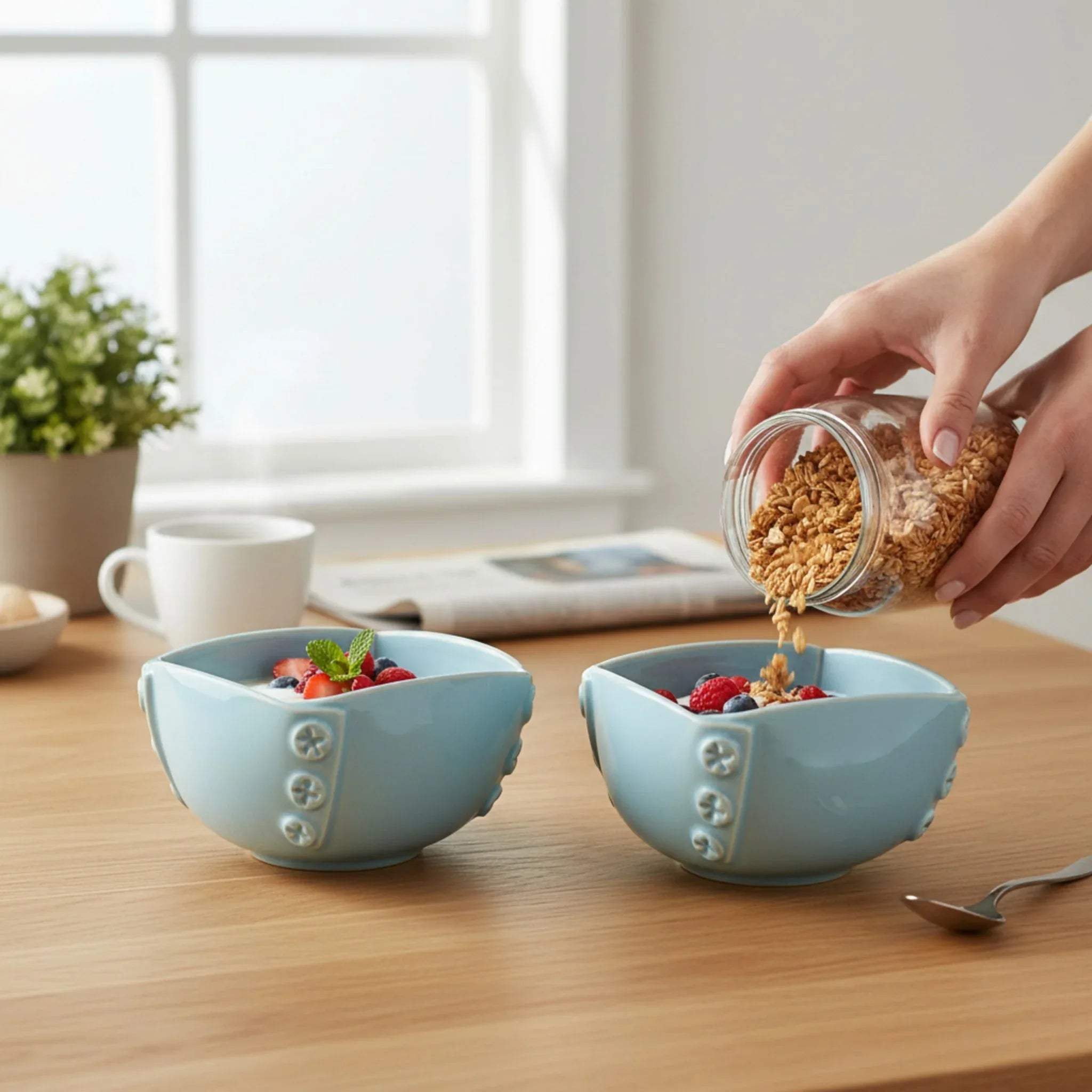 Breakfast ritual; the set used for serving honey and Greek yogurt alongside a fresh fruit platter.