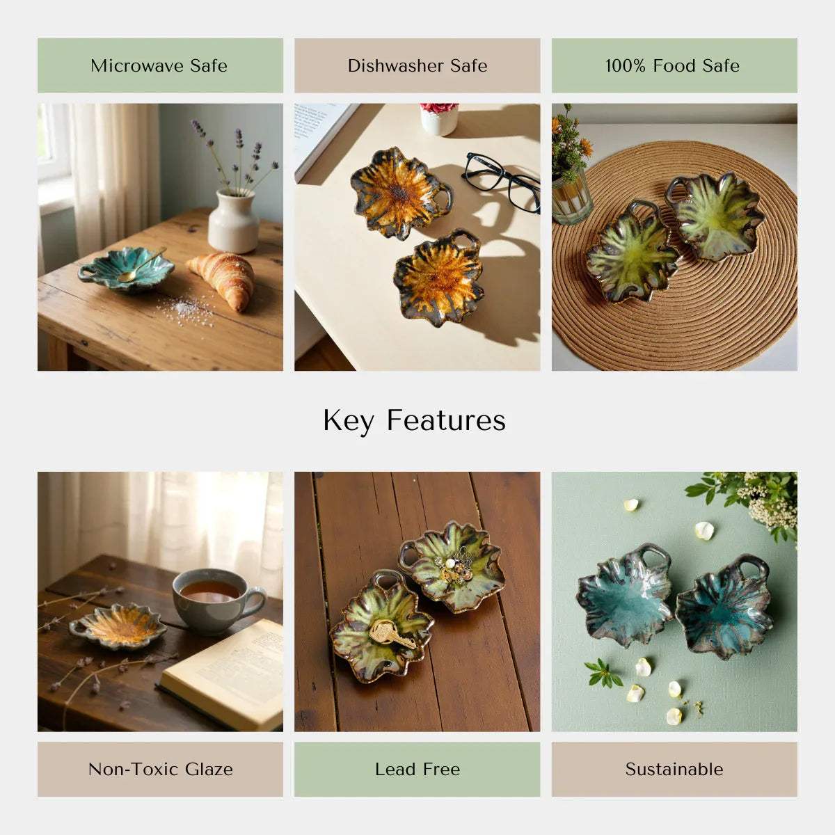 Collage of ceramic dishes with safety and feature labels like microwave and dishwasher safe.
