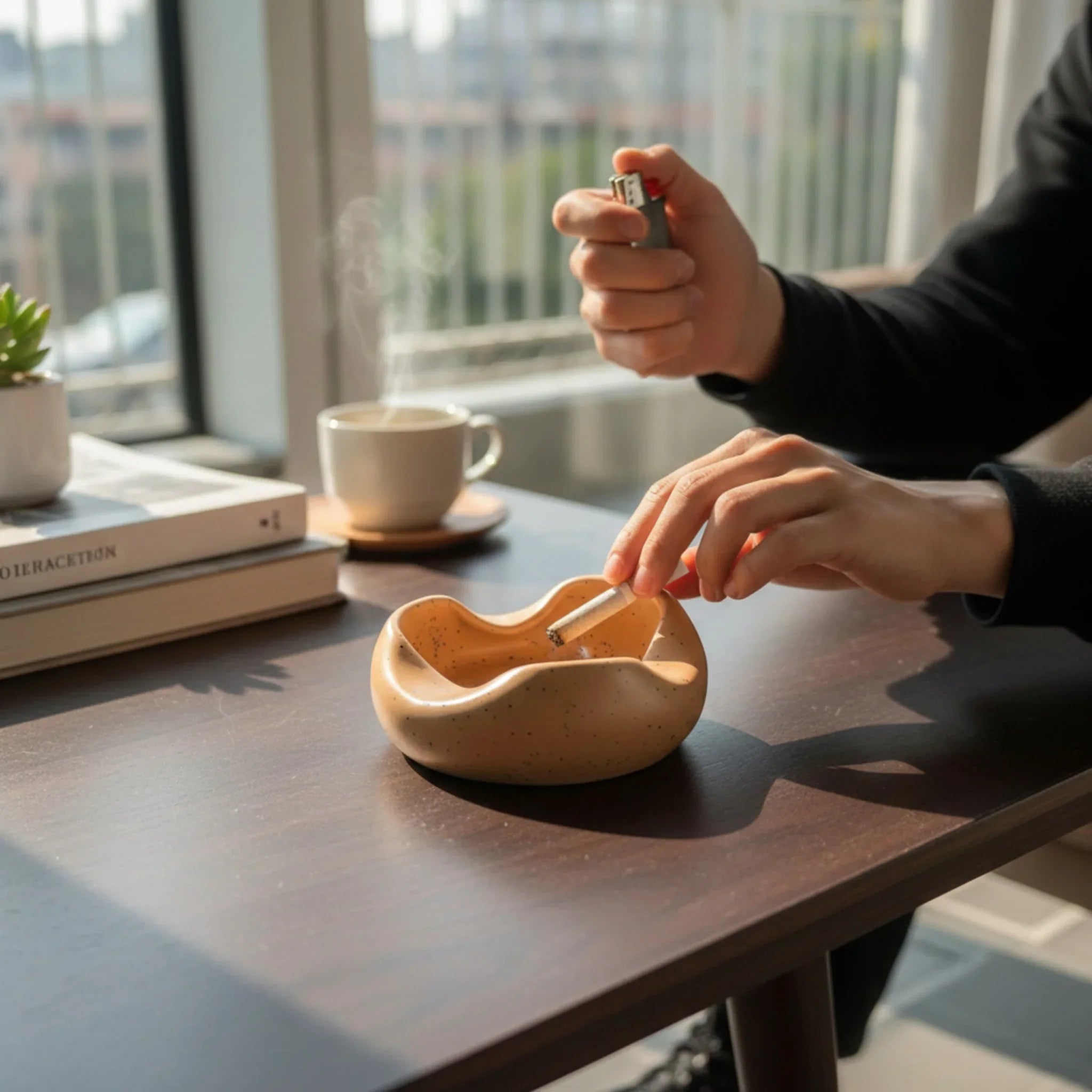 Person lighting a cigarette in a ceramic beige / orange / brown ashtray on a table with a cup of coffee and books in the background.