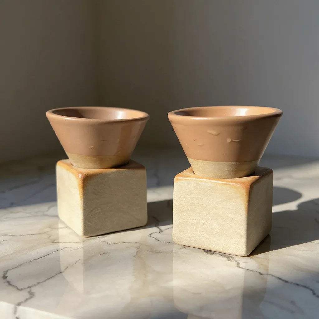 Minimalist living; Two matte brown ceramic espresso cups on square stone bases.