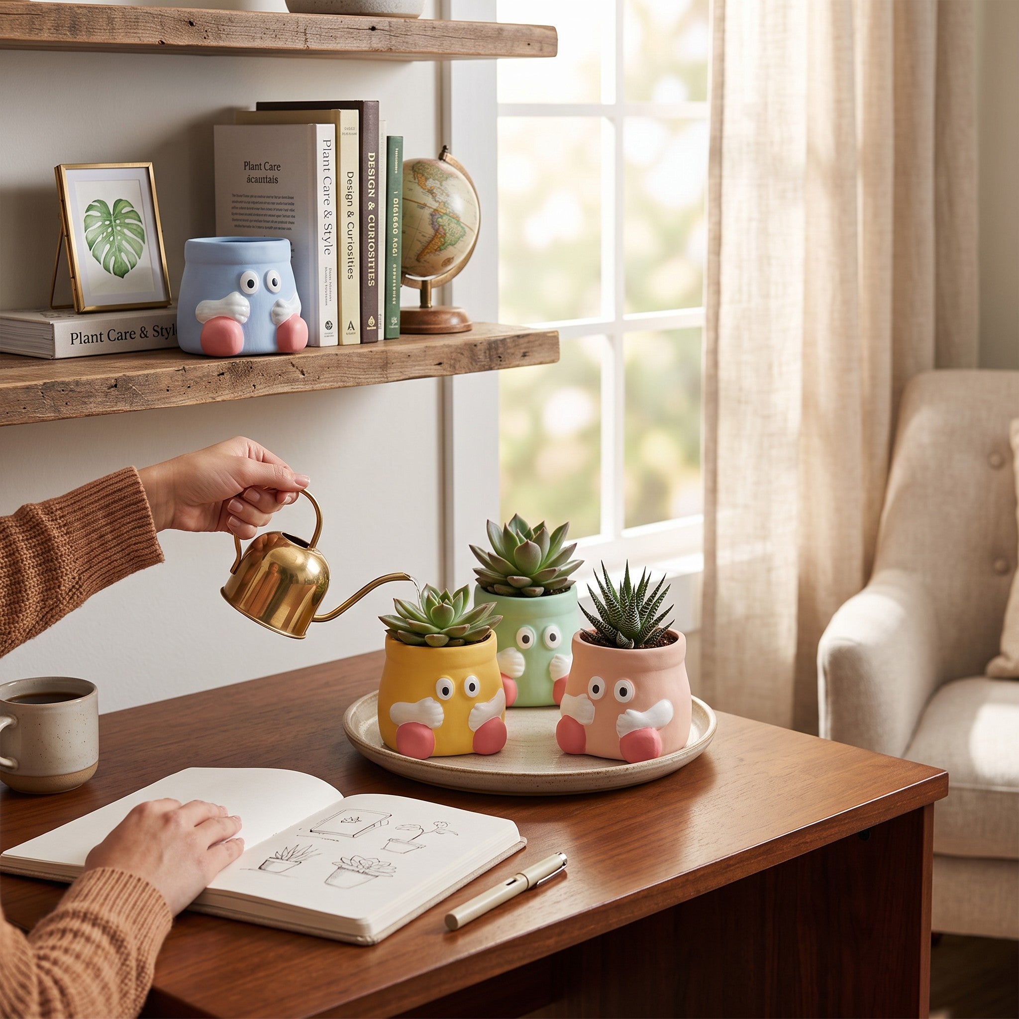 A person watering three cute cartoon planter pots with a small brass watering can on a wooden desk in a cozy room setting.