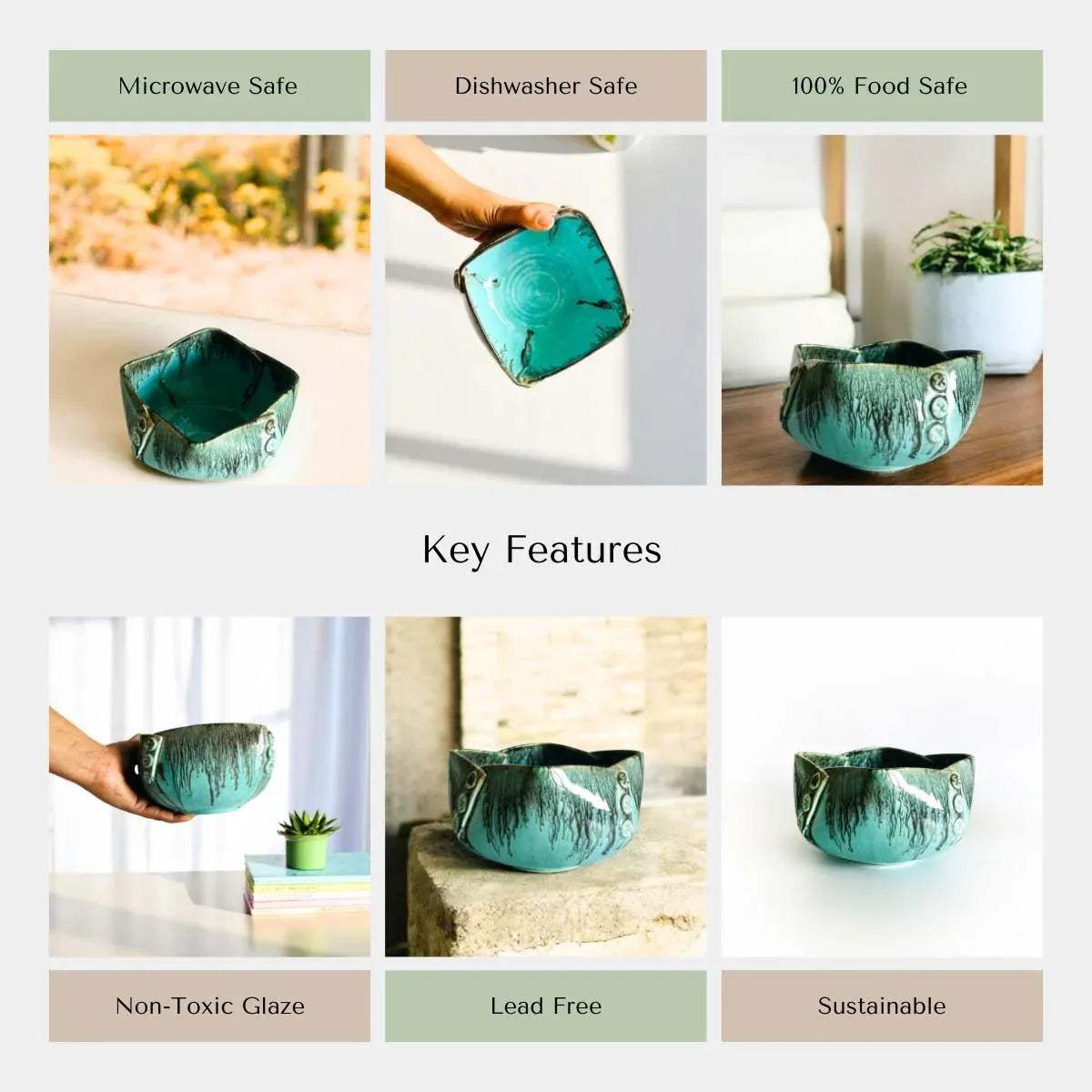 Handcrafted turquoise ceramic bowl by Rustic Stone, microwave safe, lead free, sustainable.