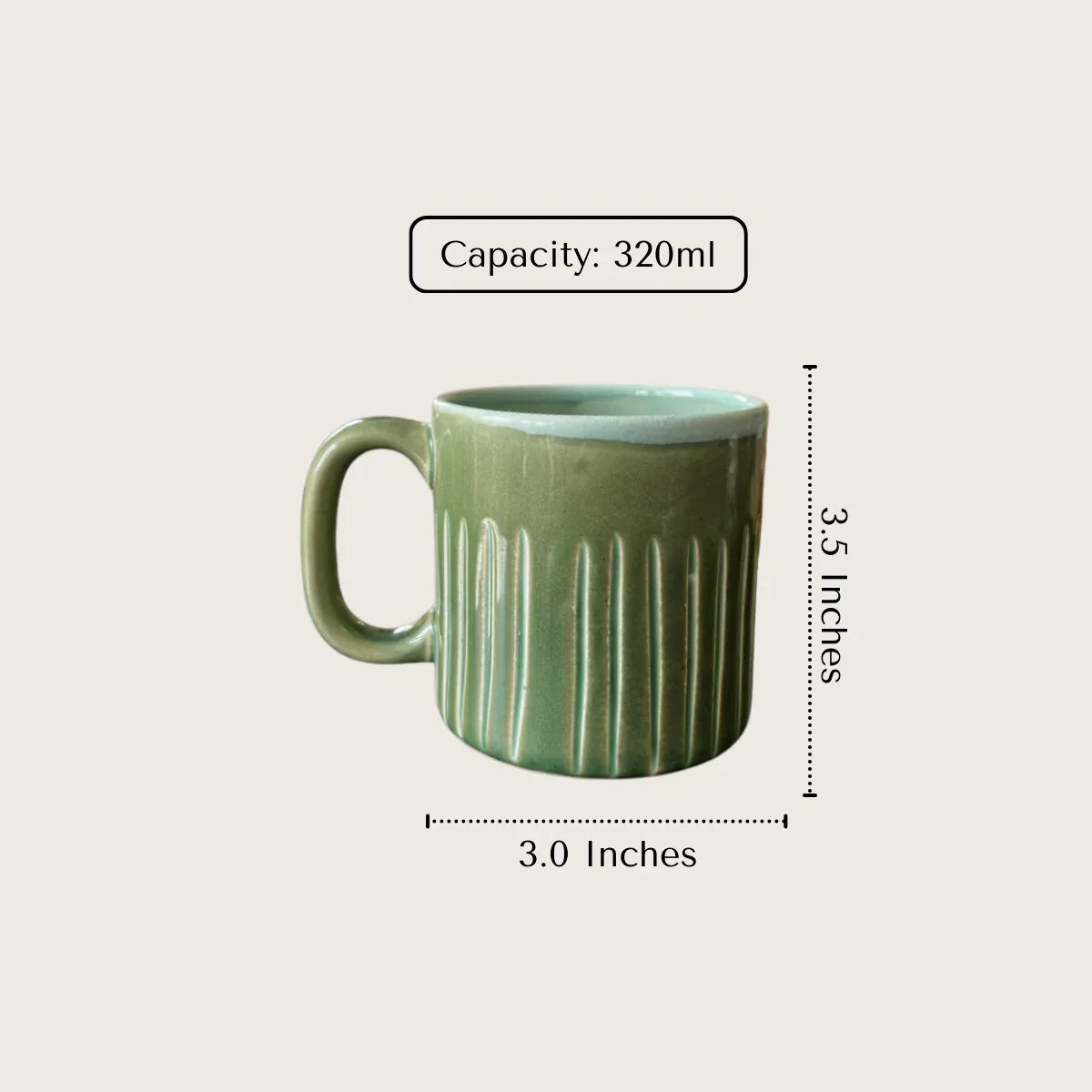 Cacti Rib Mug size guide; 3.0" diameter x 3.5" height, 320ml capacity and substantial ceramic weight.