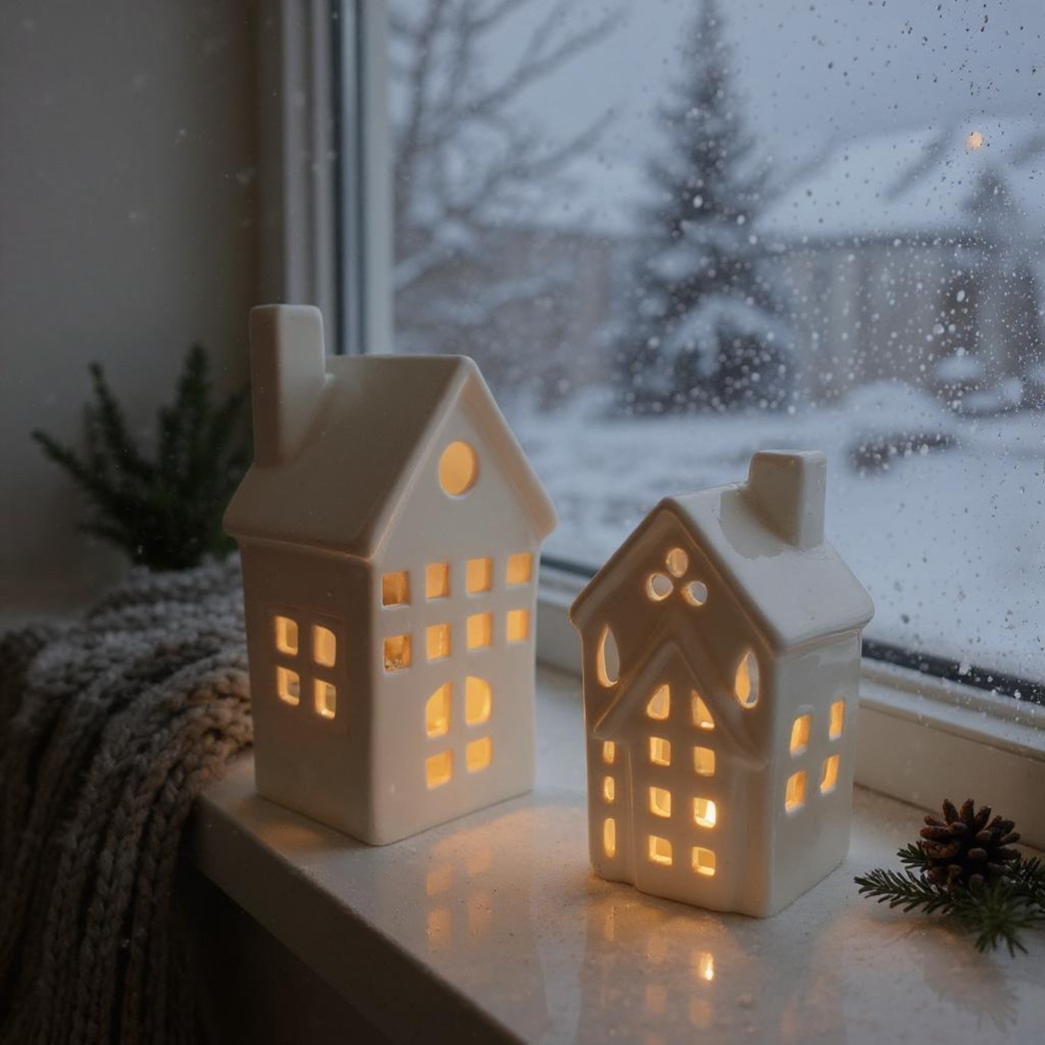 Candle Cottages on a window sill; Pinterest-worthy holiday tablescape and cozy winter home styling inspiration.