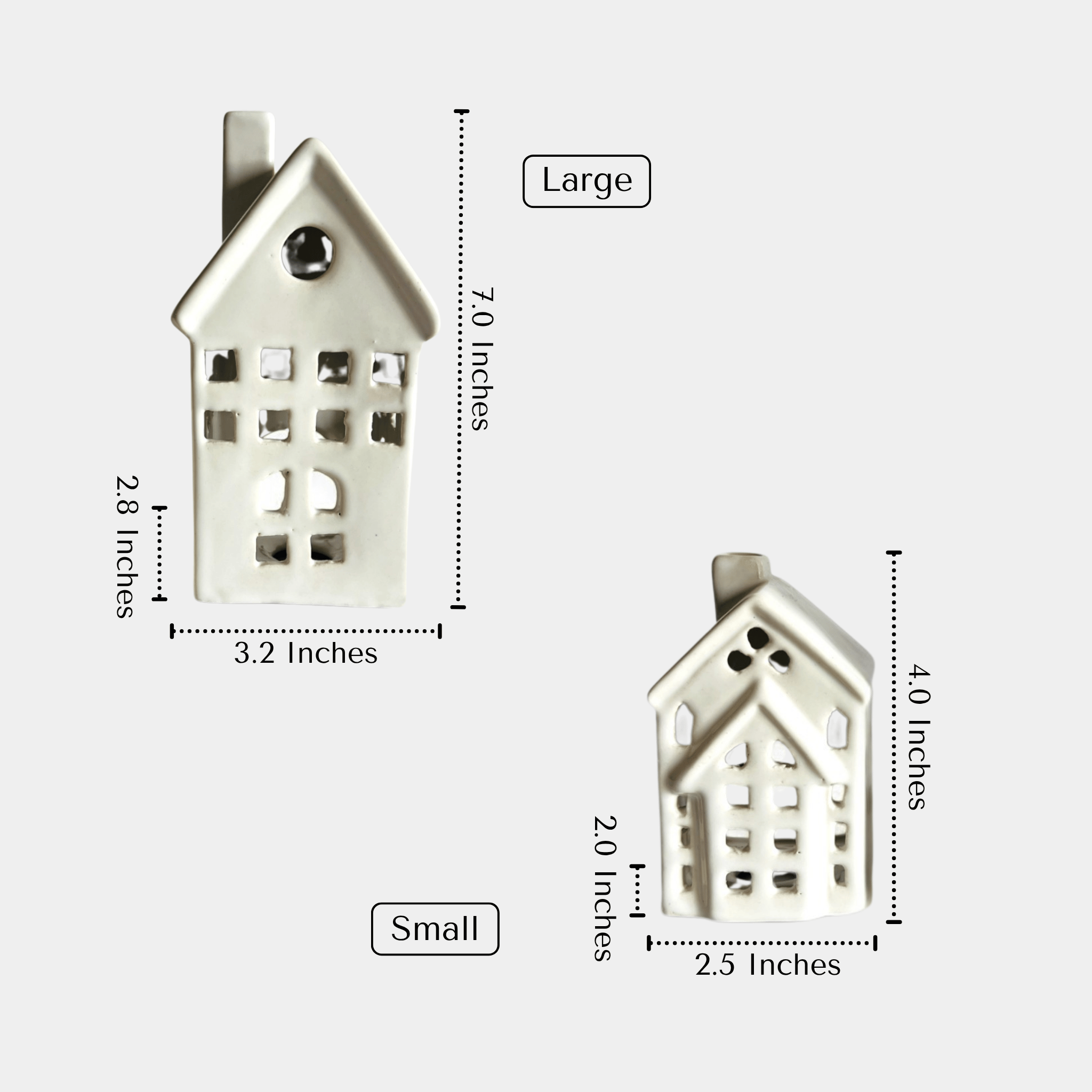 Candle Cottage sizes; 7-inch and 4-inch ceramic houses designed for standard tea lights and LED candles.
