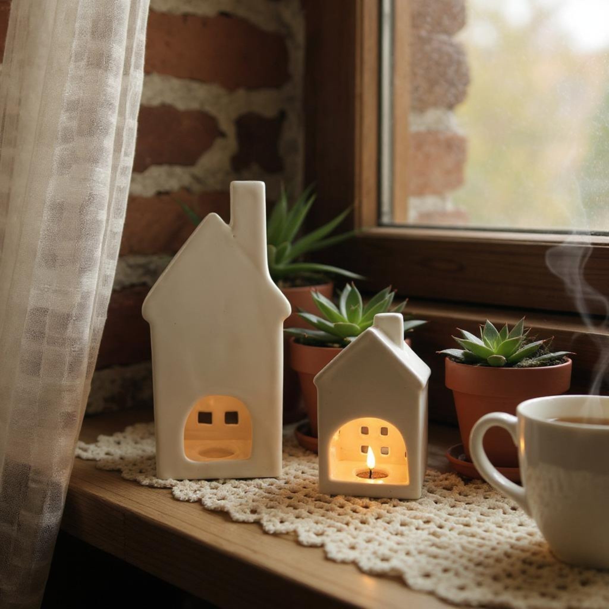 Back view of the ceramic house-shaped candle holders with lit candles on a windowsill with plants.