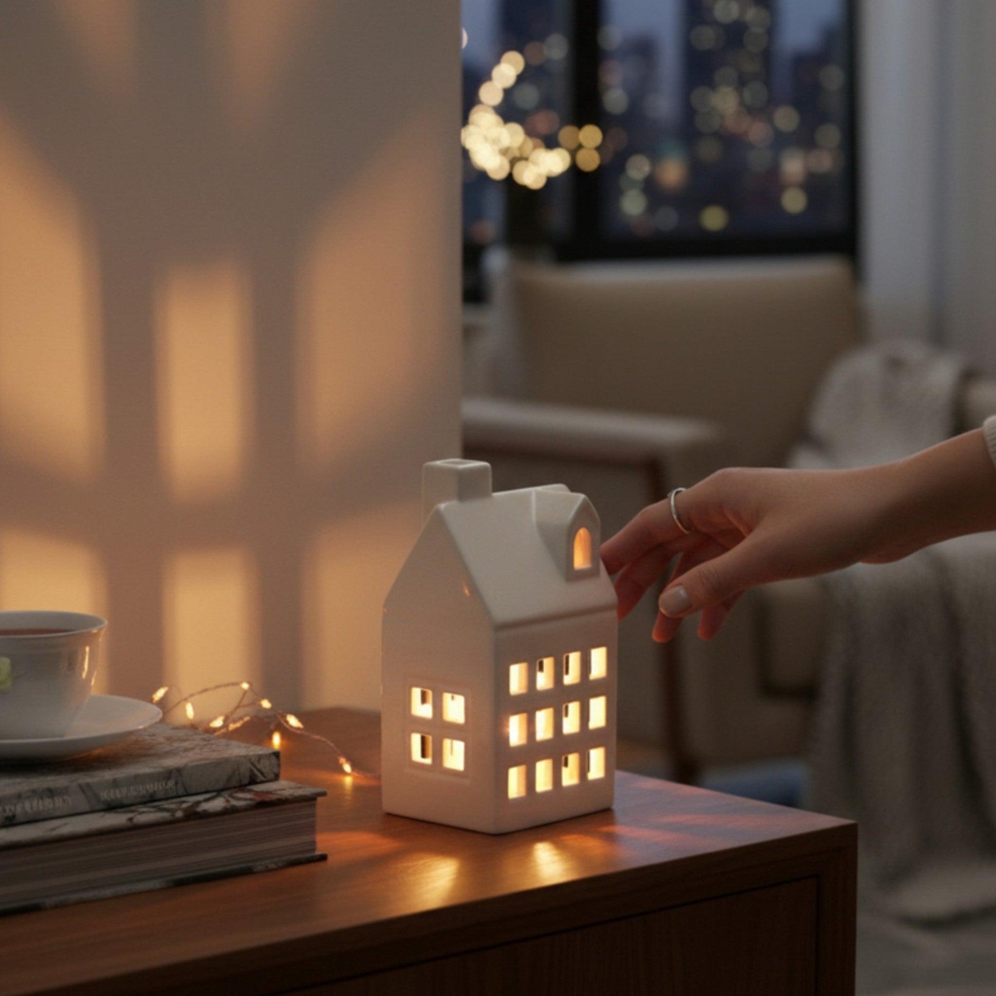 Elegant window silhouettes; smooth white ceramic craftsmanship and artisanal light-filtering windows.