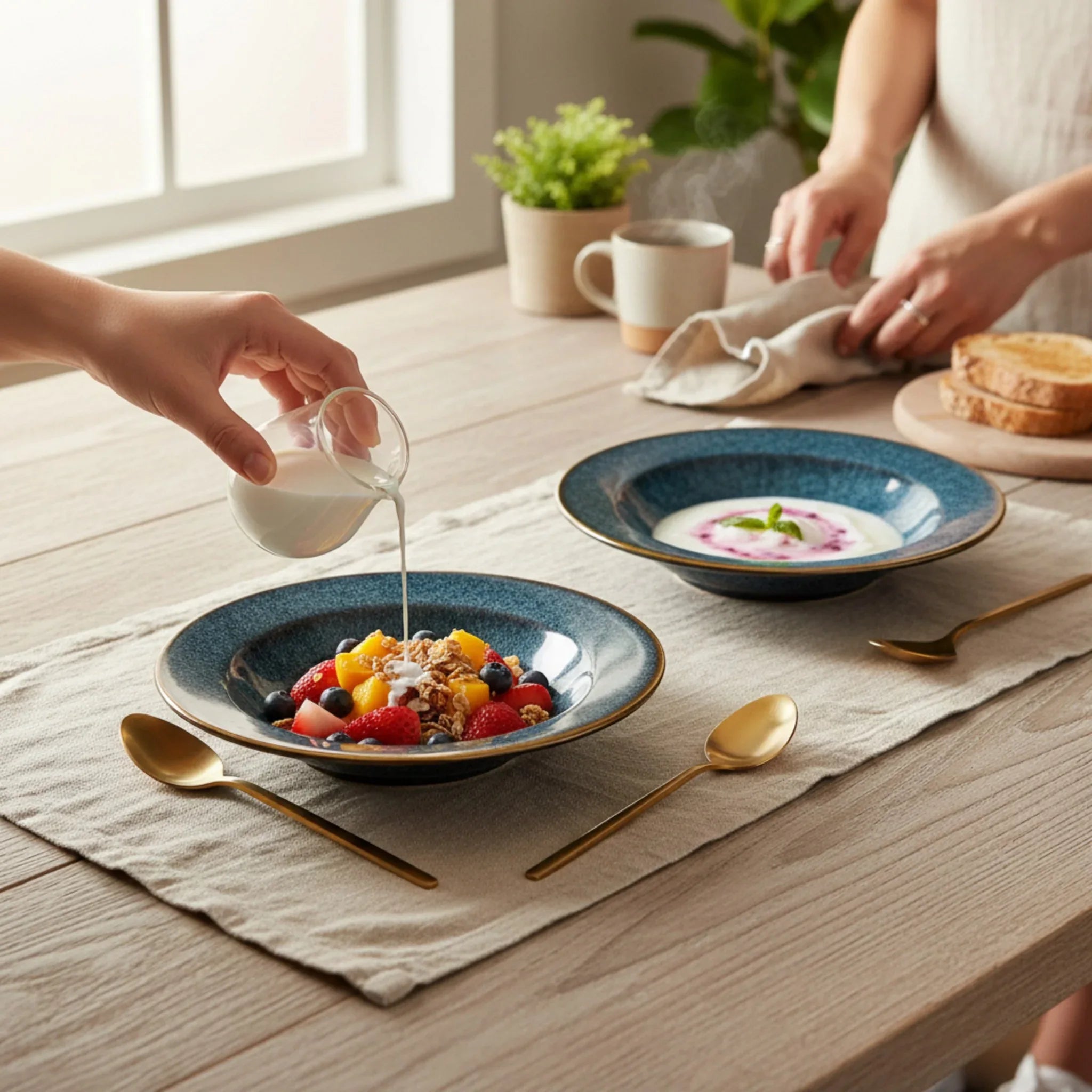 Morning aesthetic; a fresh fruit salad in the speckled blue plate catching the morning light on a wooden counter.