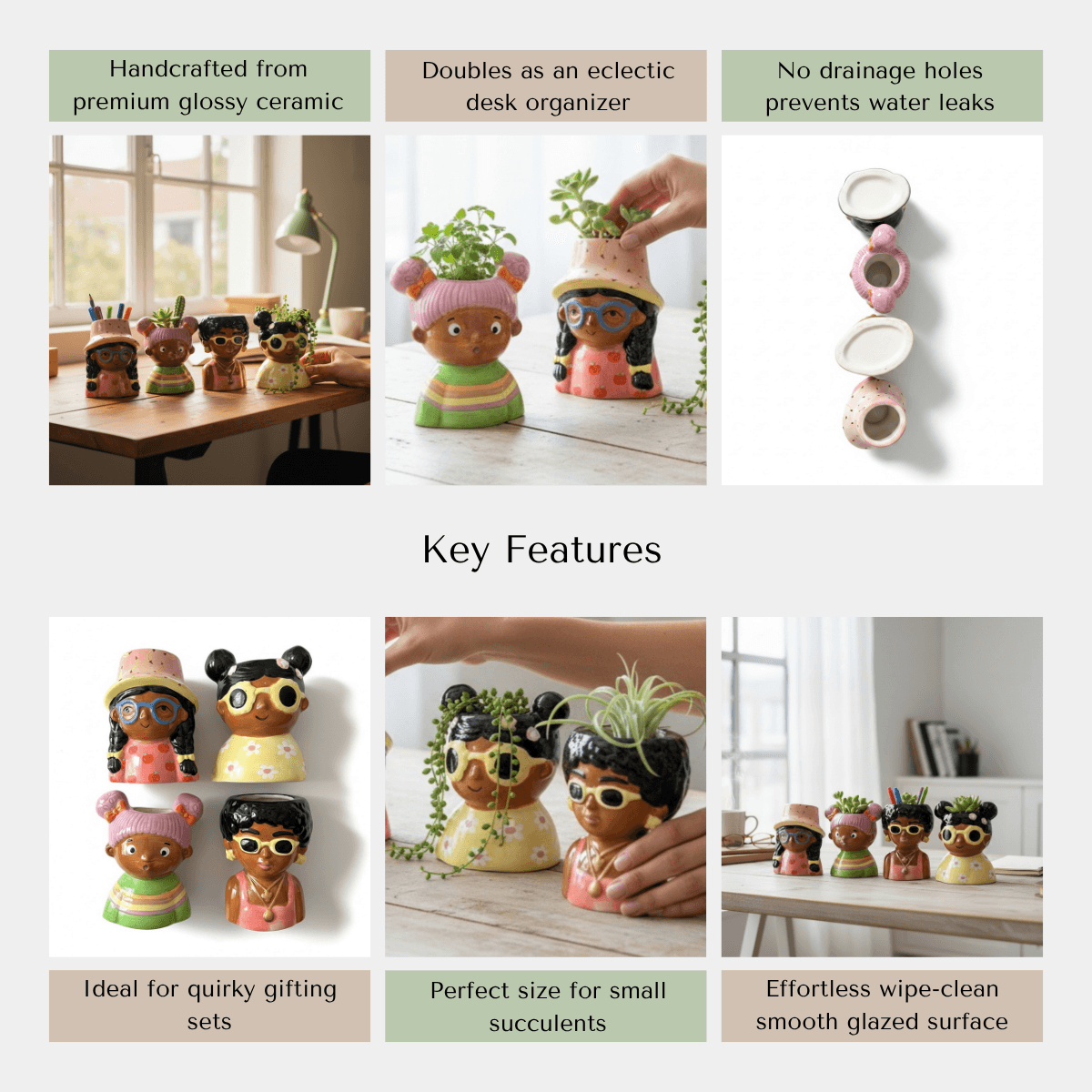 An infographic detailing the non-toxic glossy glaze, water-safe solid base, and hand-painted details of the character planters.