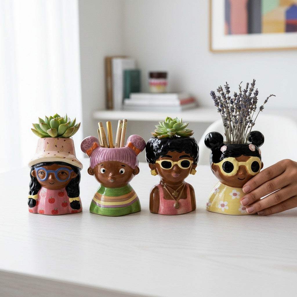 A set of four colorful ceramic quirky girl face planters holding indoor succulent plants on a wooden table setup.